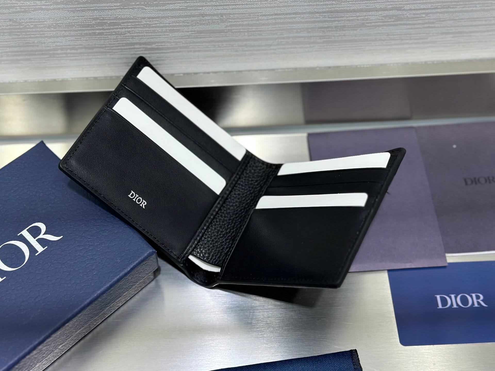 Dior Black Grained Calfskin & Beige Oblique Jacquard Saddle Bifold