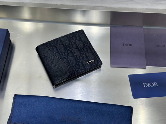 Dior Men's Black Grained Calfskin & Charcoal Oblique Jacquard Saddle Bifold Wallet