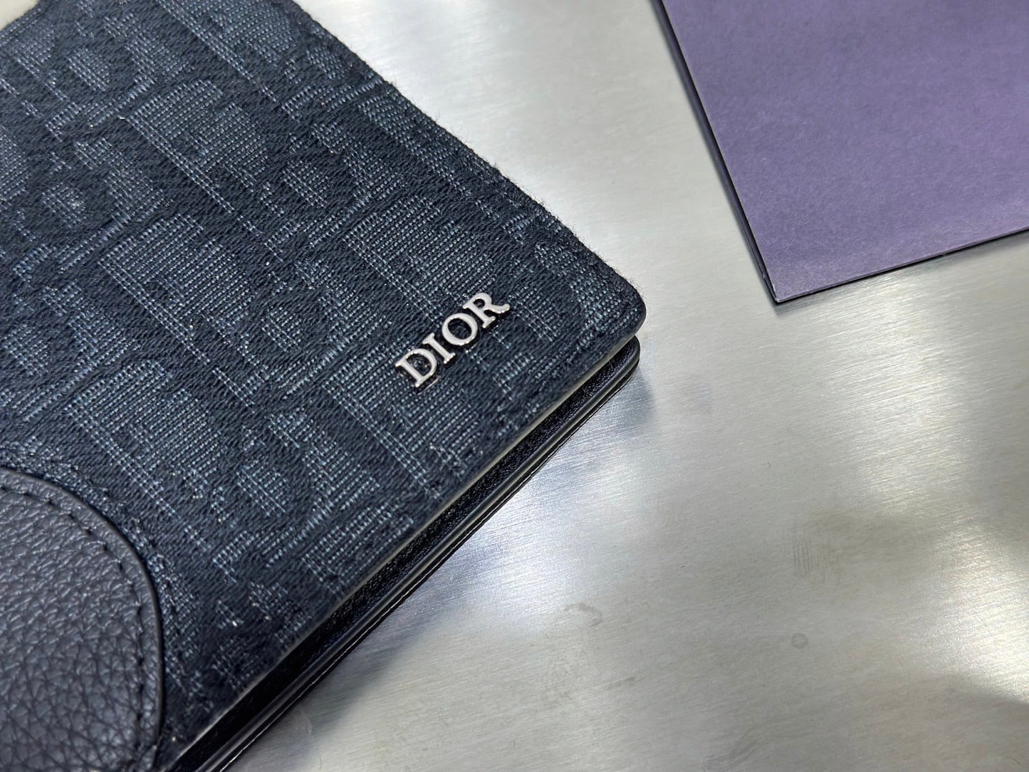 Dior Men's Black Grained Calfskin & Charcoal Oblique Jacquard Saddle Bifold Wallet