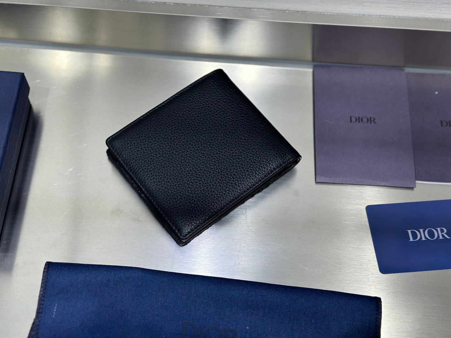 Dior Men's Black Grained Calfskin & Charcoal Oblique Jacquard Saddle Bifold Wallet