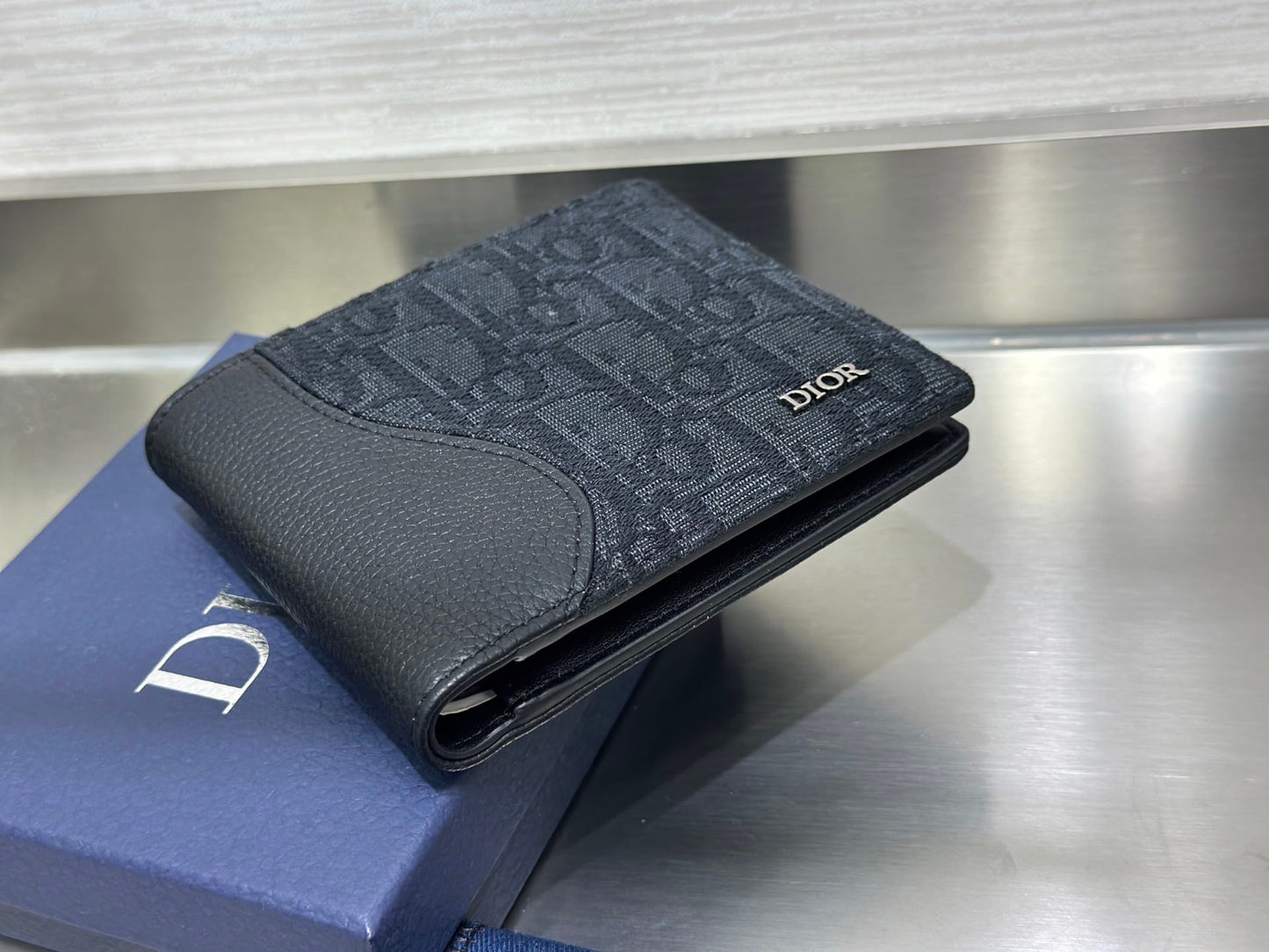 Dior Men's Black Grained Calfskin & Charcoal Oblique Jacquard Saddle Bifold Wallet