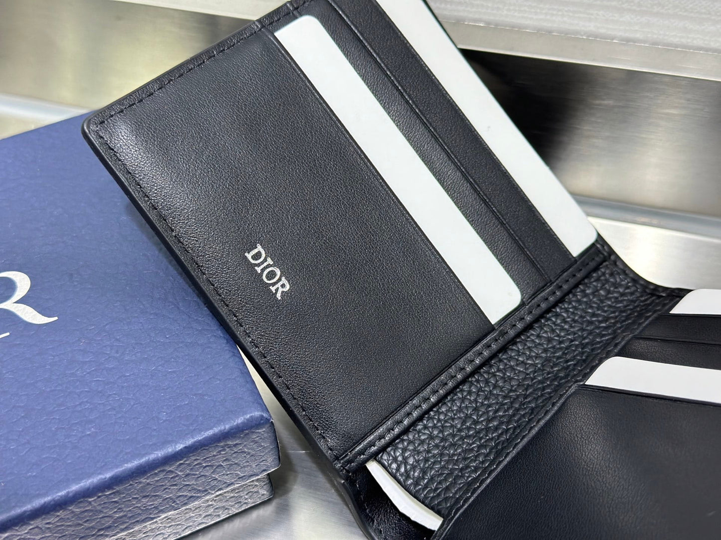 Dior Men's Black Grained Calfskin & Charcoal Oblique Jacquard Saddle Bifold Wallet