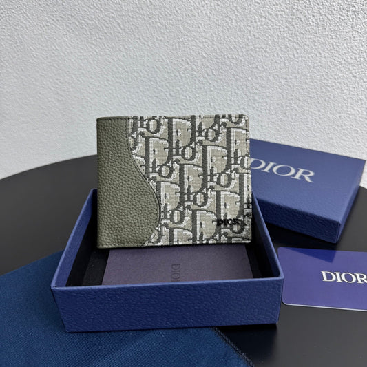 Dior Men's Saddle Bifold Wallet - Khaki Grained Calfskin & Beige/Olive Oblique Jacquard