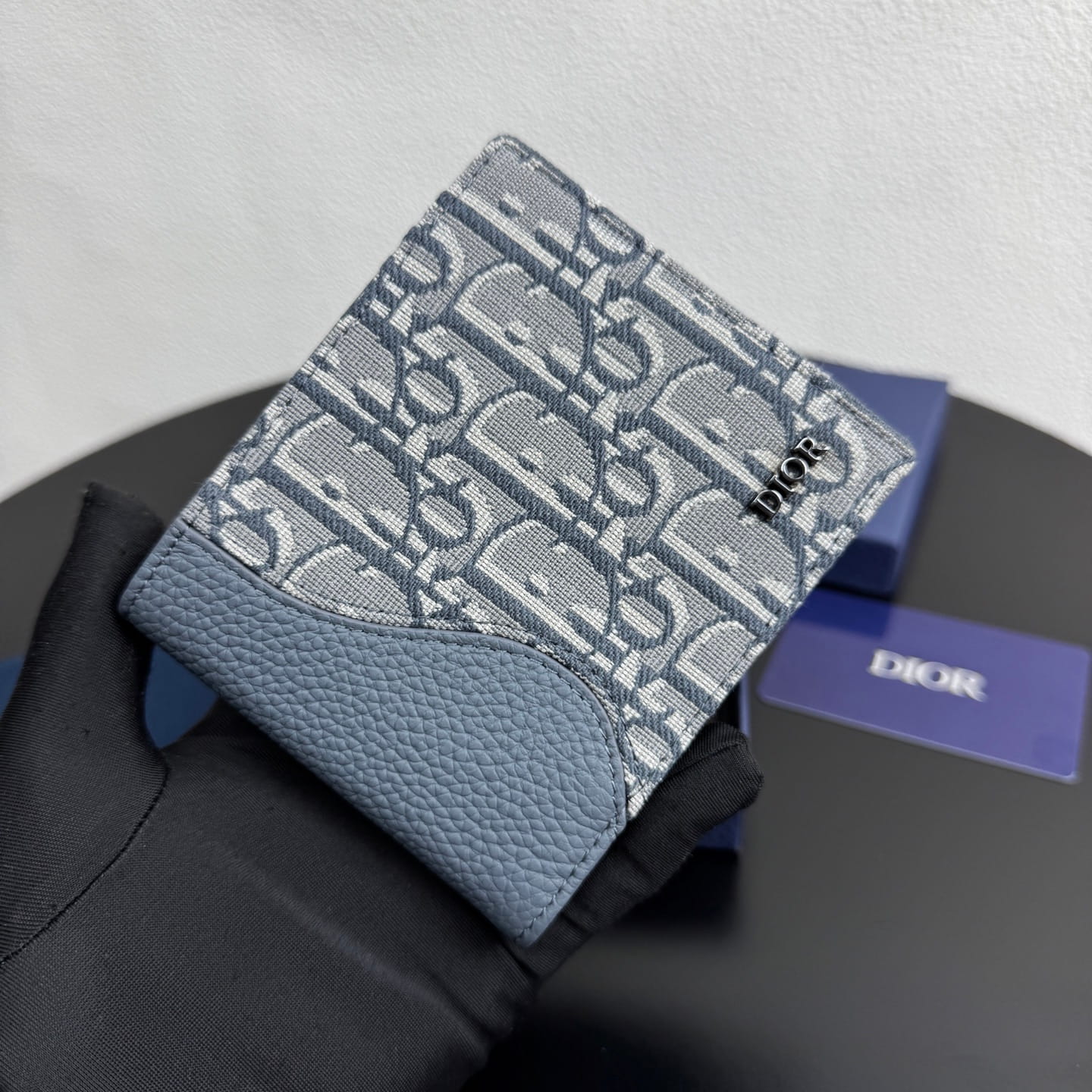 Dior Men's Saddle Bifold Wallet - Blue Grained Calfskin & Beige/Blue Oblique Jacquard
