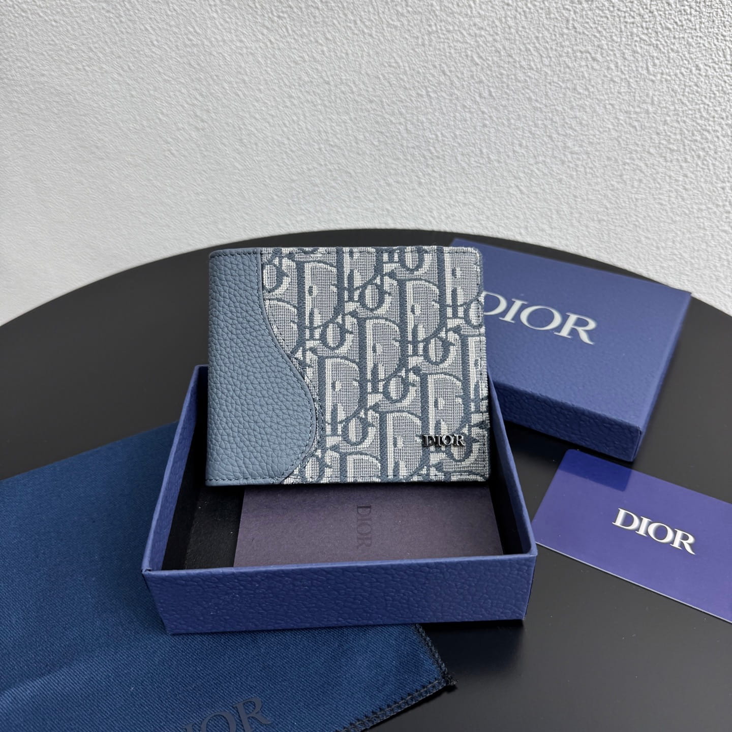 Dior Men's Saddle Bifold Wallet - Blue Grained Calfskin & Beige/Blue Oblique Jacquard
