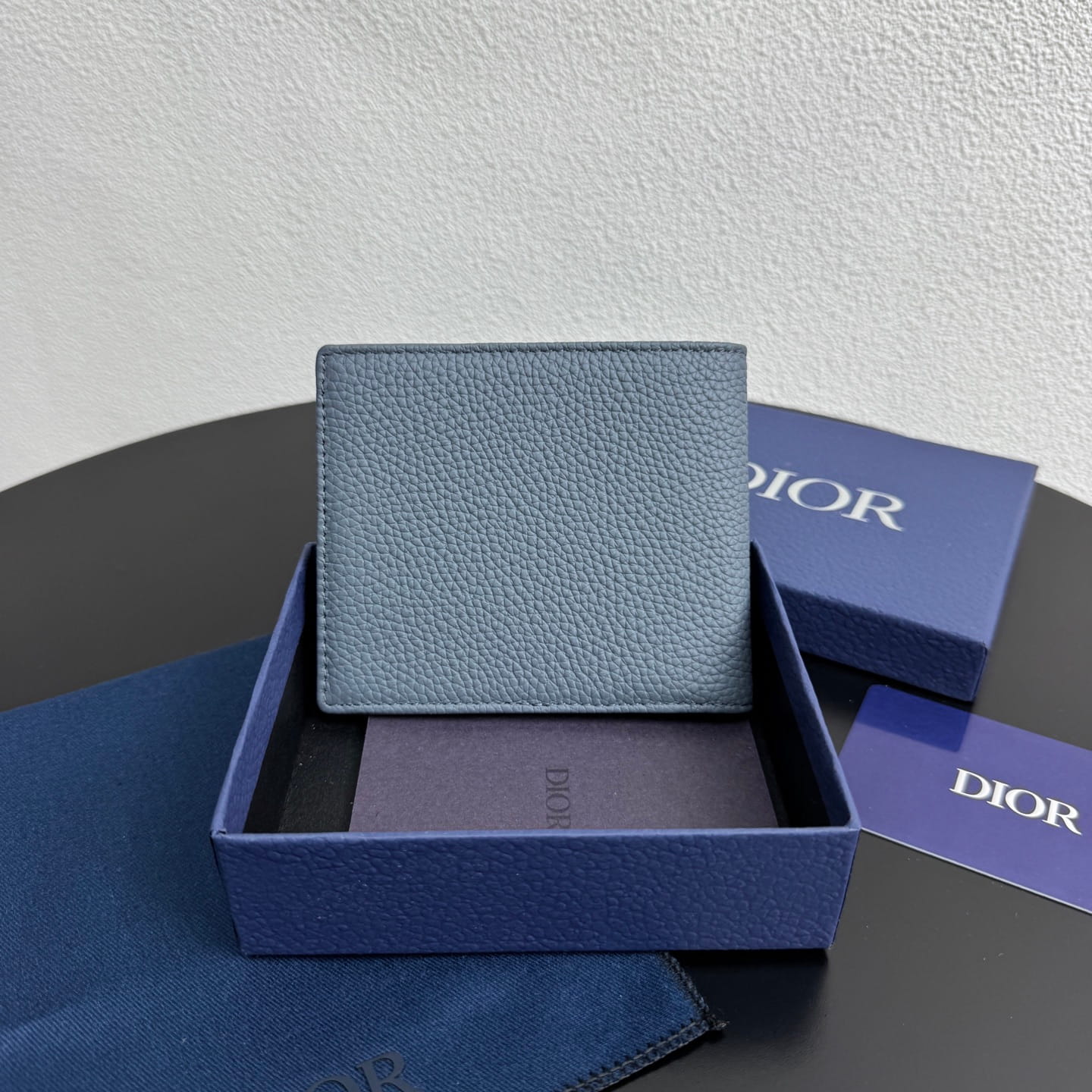 Dior Men's Saddle Bifold Wallet - Blue Grained Calfskin & Beige/Blue Oblique Jacquard