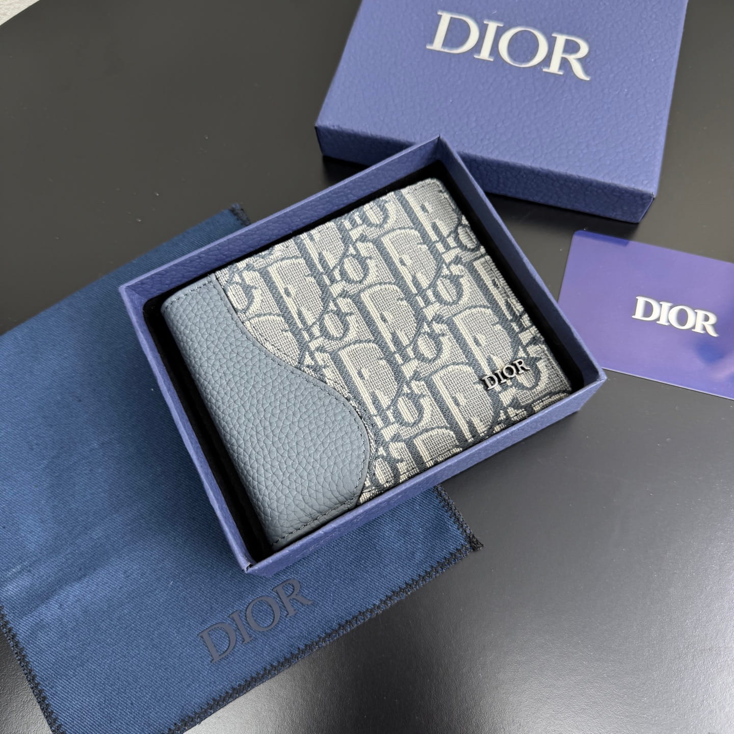 Dior Men's Saddle Bifold Wallet - Blue Grained Calfskin & Beige/Blue Oblique Jacquard