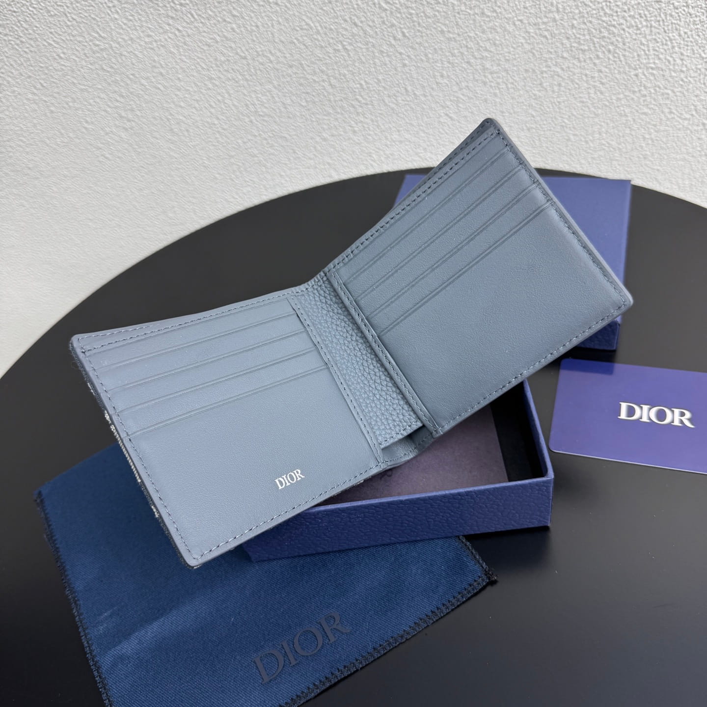 Dior Men's Saddle Bifold Wallet - Blue Grained Calfskin & Beige/Blue Oblique Jacquard
