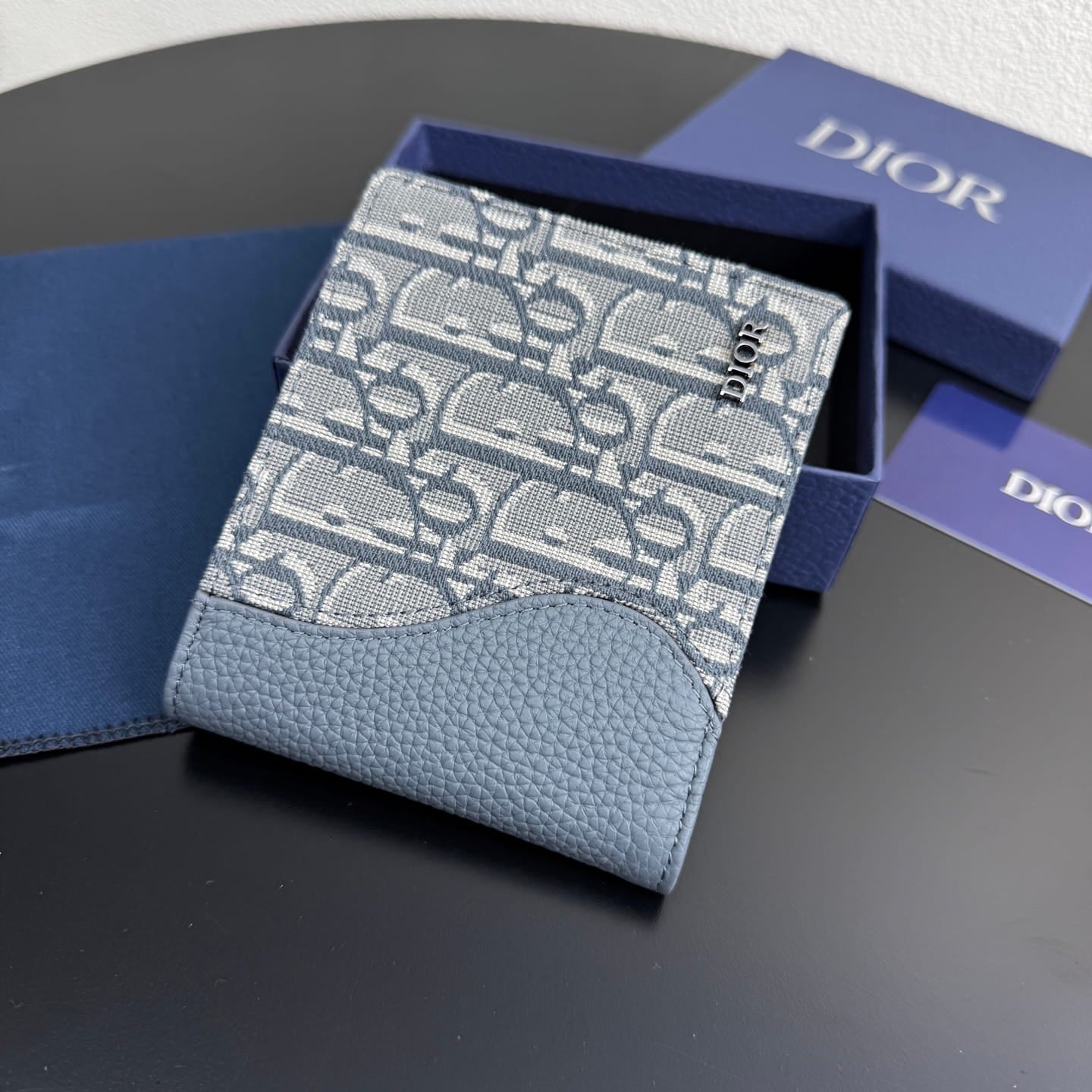 Dior Men's Saddle Bifold Wallet - Blue Grained Calfskin & Beige/Blue Oblique Jacquard