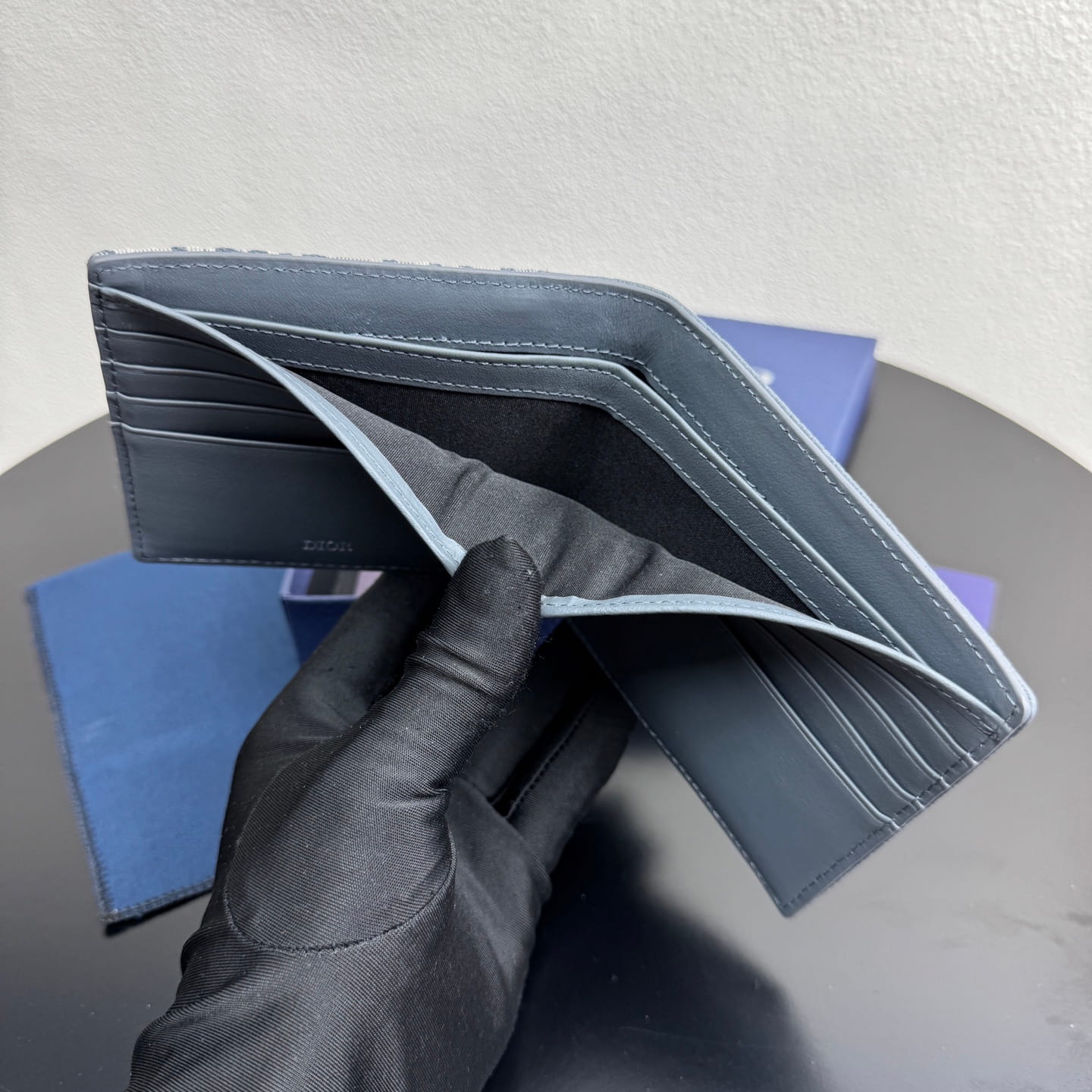Dior Men's Saddle Bifold Wallet - Blue Grained Calfskin & Beige/Blue Oblique Jacquard