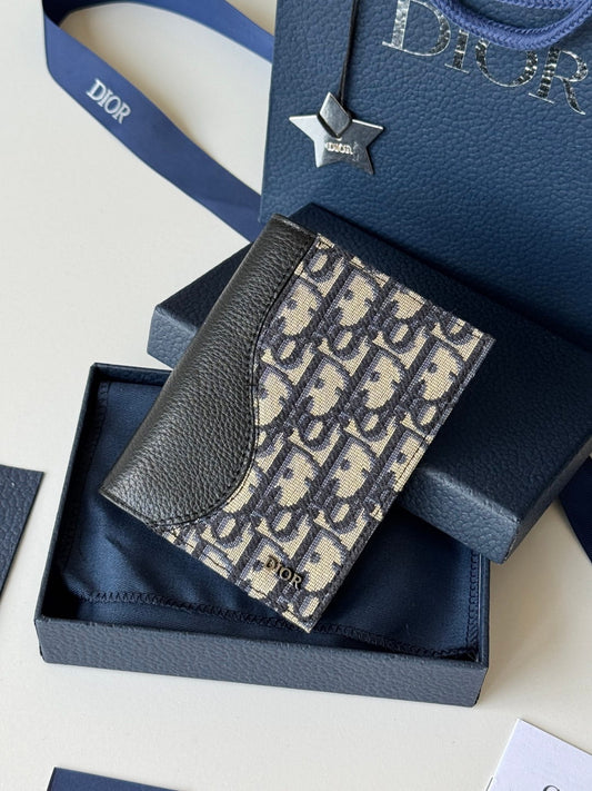 Dior Saddle Passport Cover Black Grained Calfskin Marquetry and Black Dior Oblique Jacquard