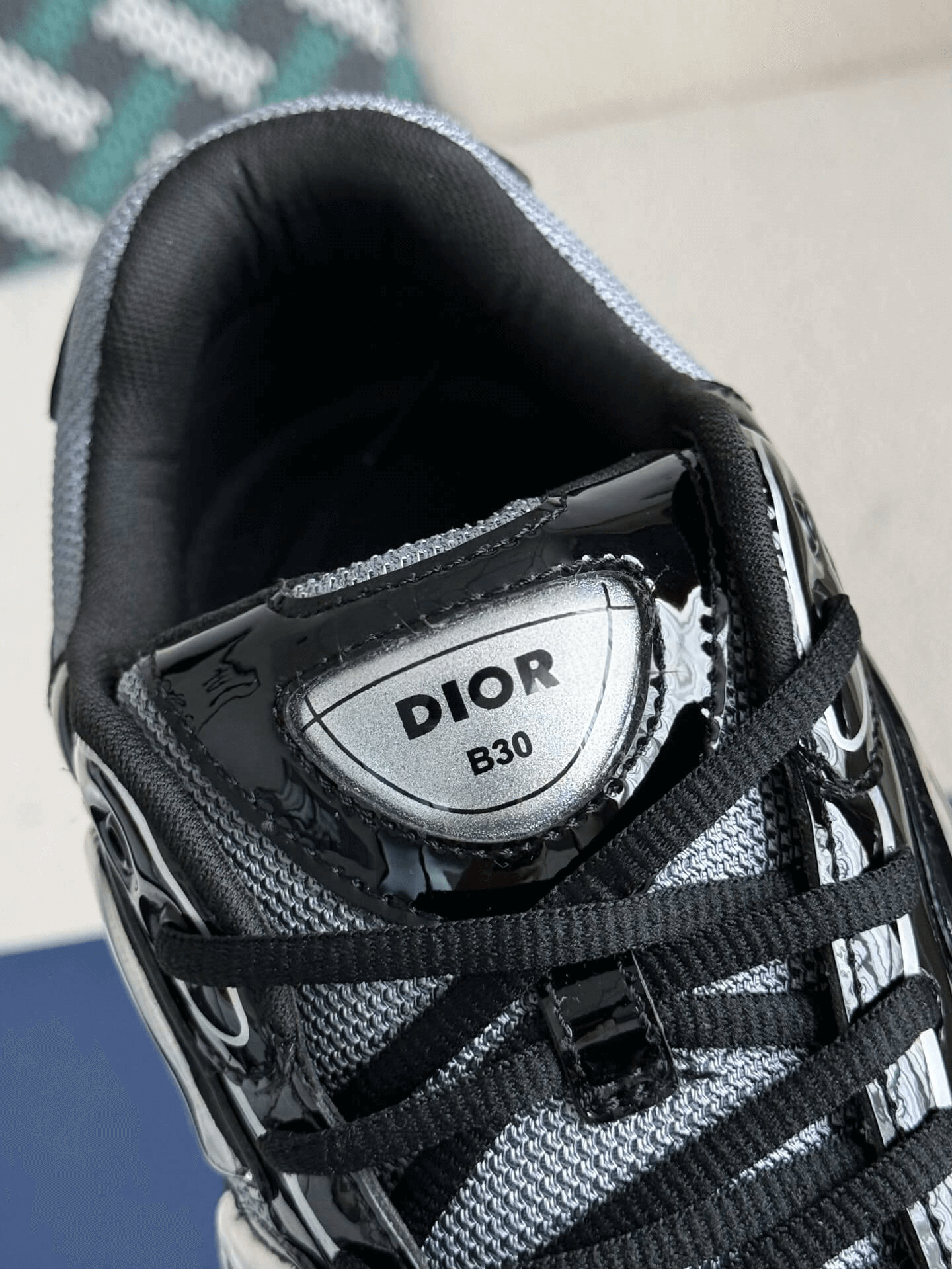 Dior B30 Low-Top Sneaker Black Patent Leather and Technical Mesh with Black Rubber Sole