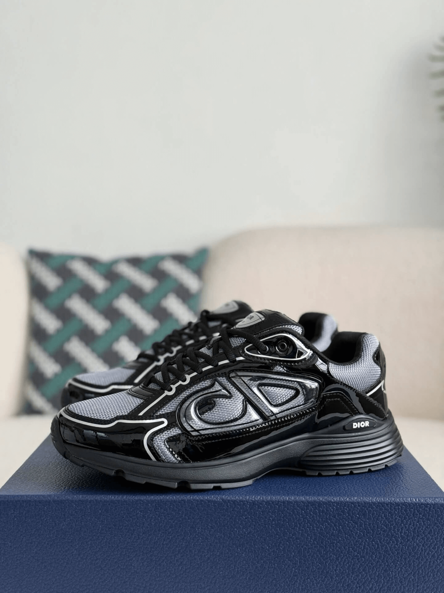 Dior B30 Low-Top Sneaker Black Patent Leather and Technical Mesh with Black Rubber Sole