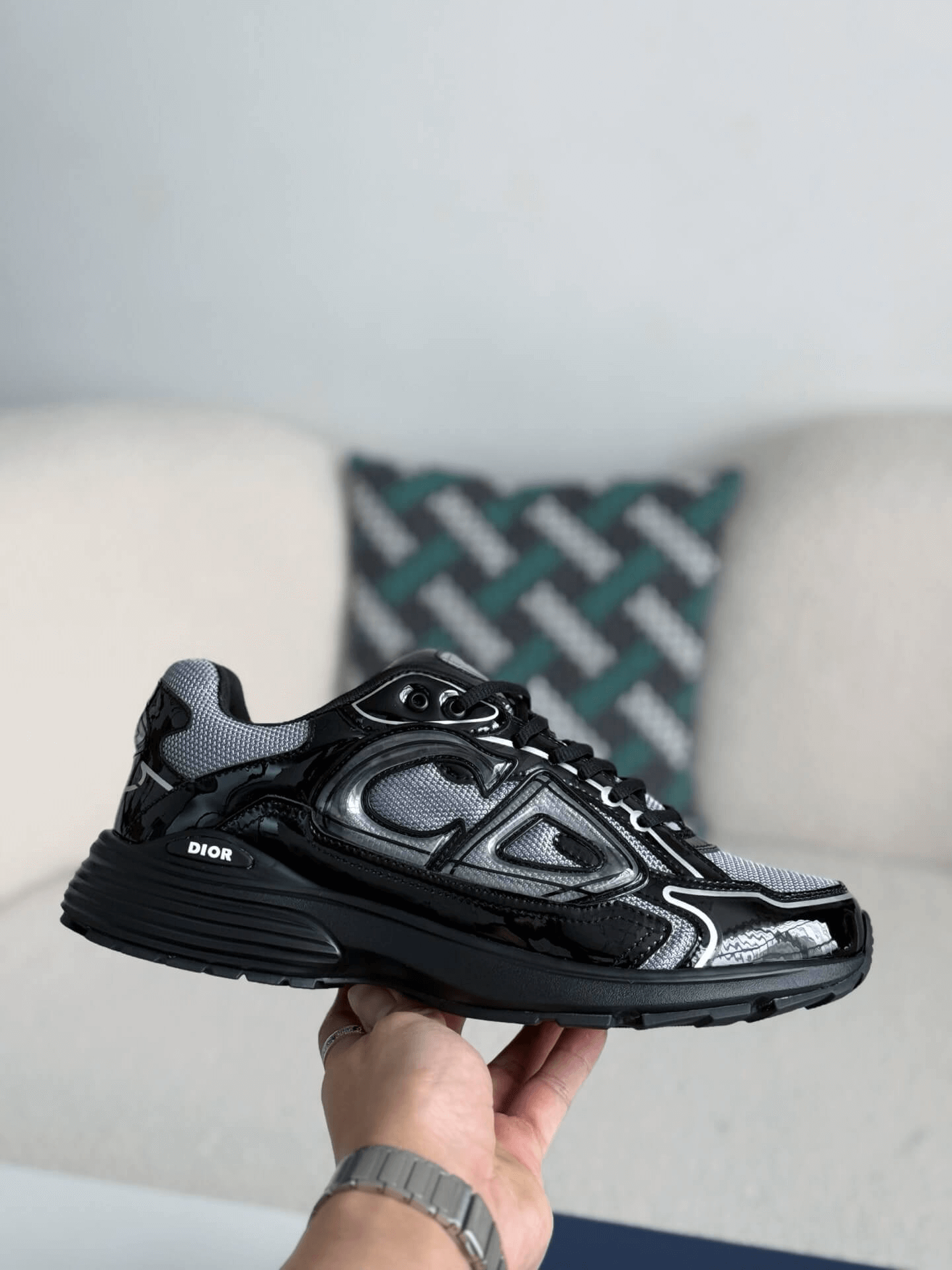Dior B30 Low-Top Sneaker Black Patent Leather and Technical Mesh with Black Rubber Sole