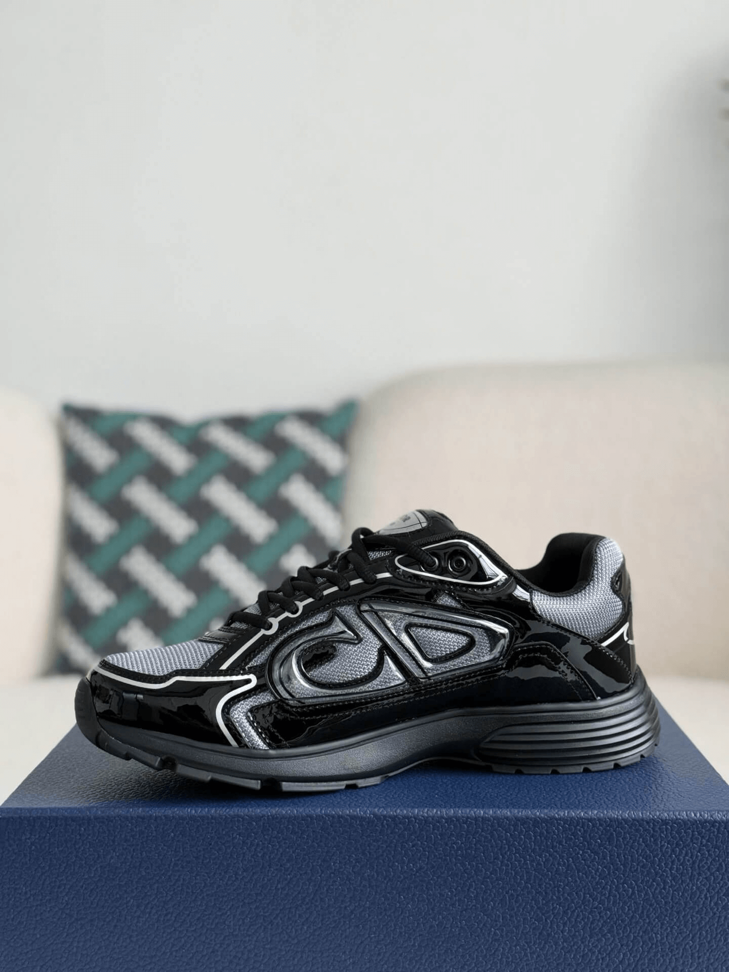 Dior B30 Low-Top Sneaker Black Patent Leather and Technical Mesh with Black Rubber Sole