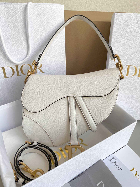 Dior White Grained Calfskin Saddle Bag