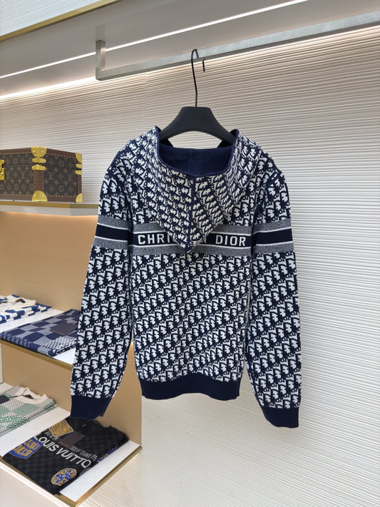 Dior Oblique Blue Reversible Zipped Cardigan with Hood