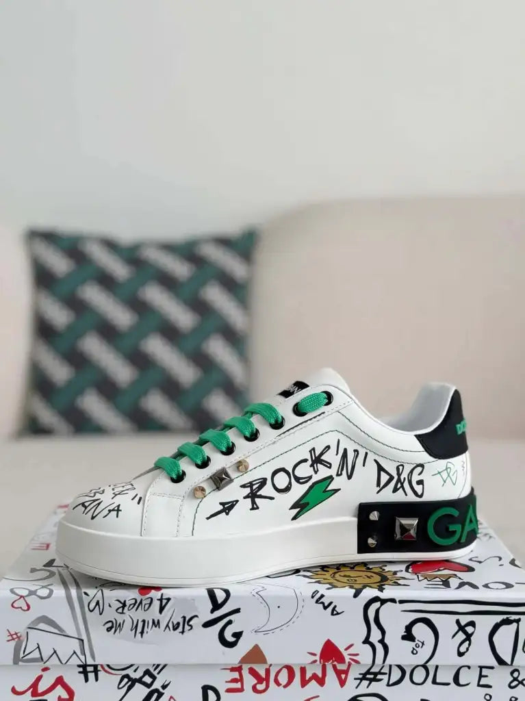 Dolce & Gabbana Portofino Sneaker – White Graffiti, Green Accents