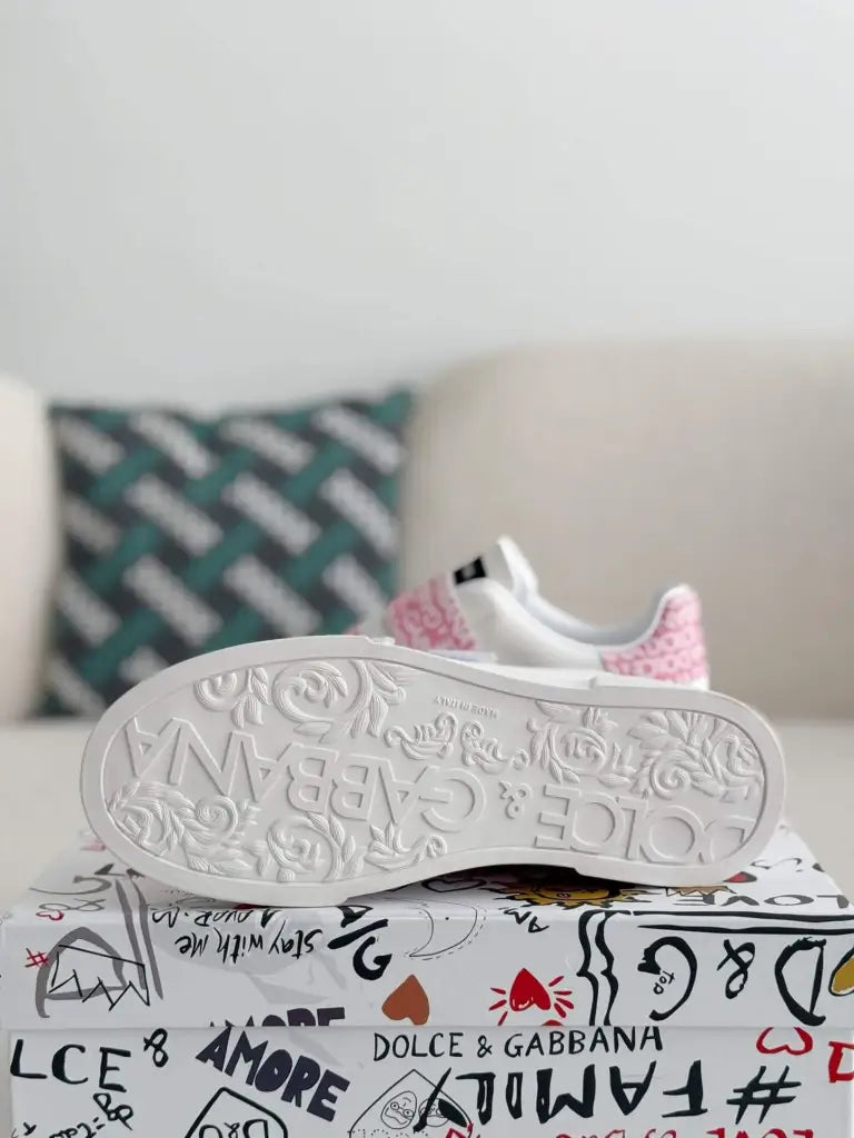 Dolce & Gabbana Portofino Sneaker – White & Pink Logo Velcro
