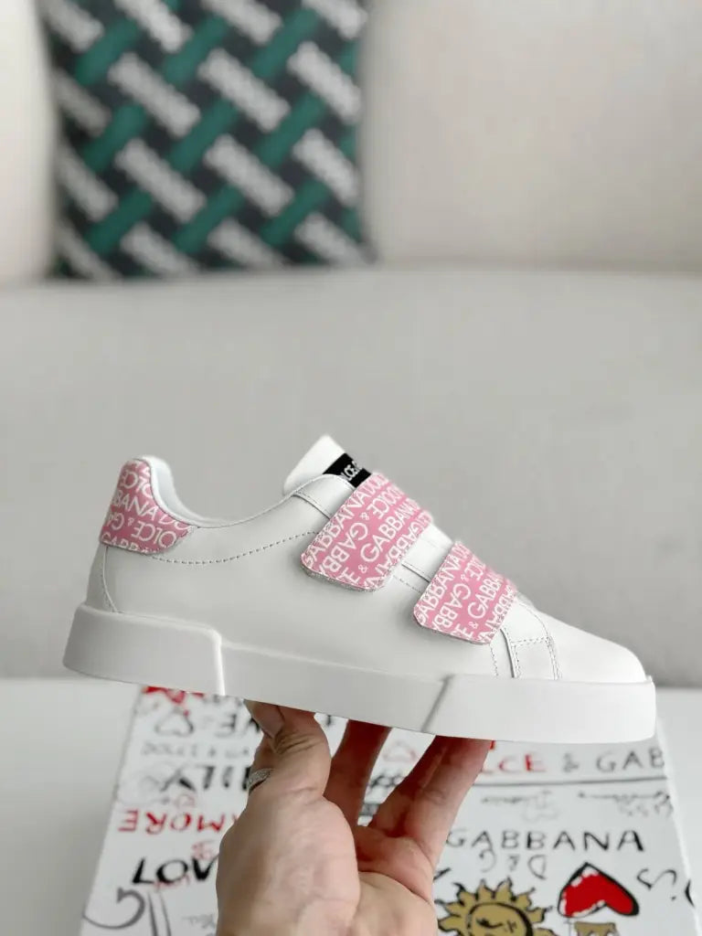 Dolce & Gabbana Portofino Sneaker – White & Pink Logo Velcro
