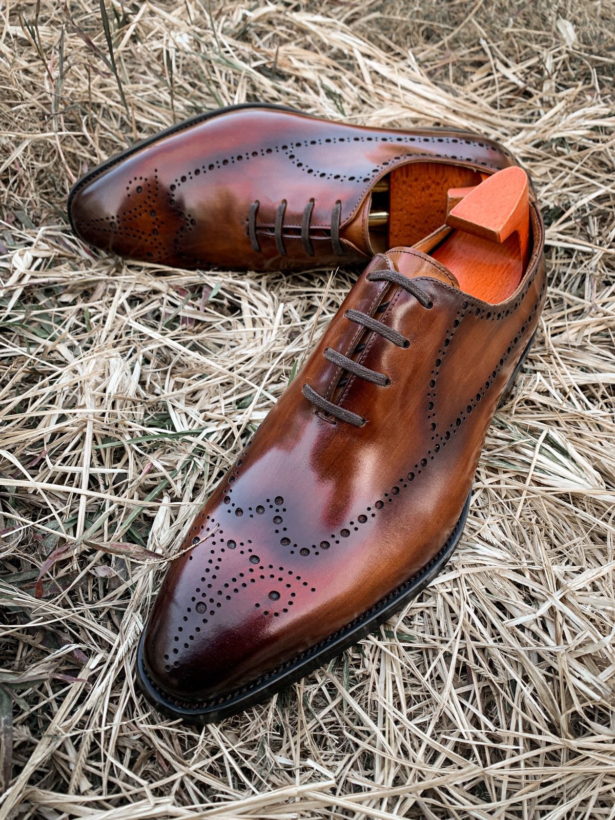 Brown leather dress shoes on a bed of dry grass