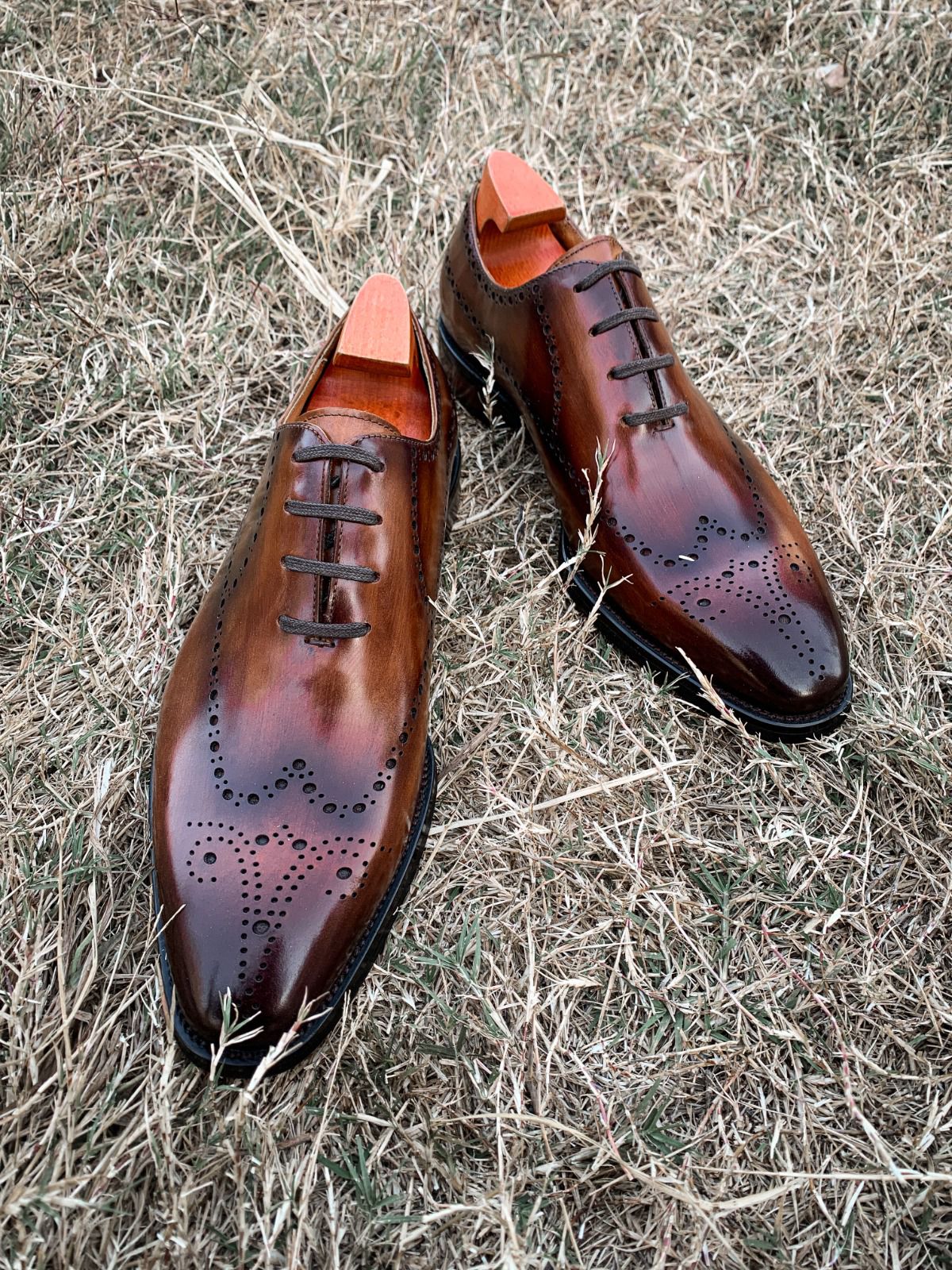 Pair of brown leather dress shoes on dry grass
