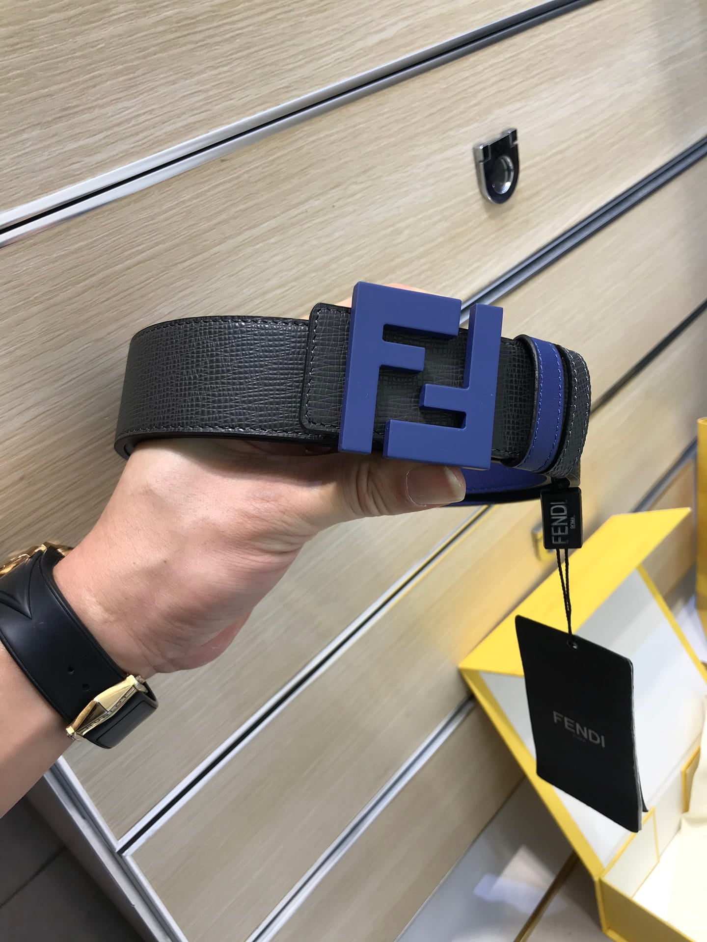 Fendi Navy Blue/Black Leather FF Logo Buckle Reversible Belt 38mm
