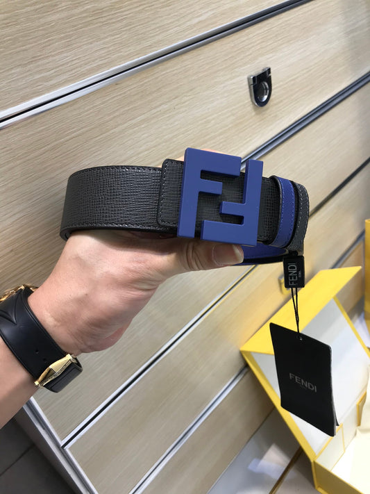 Fendi Navy Blue/Black Leather FF Logo Buckle Reversible Belt 38mm