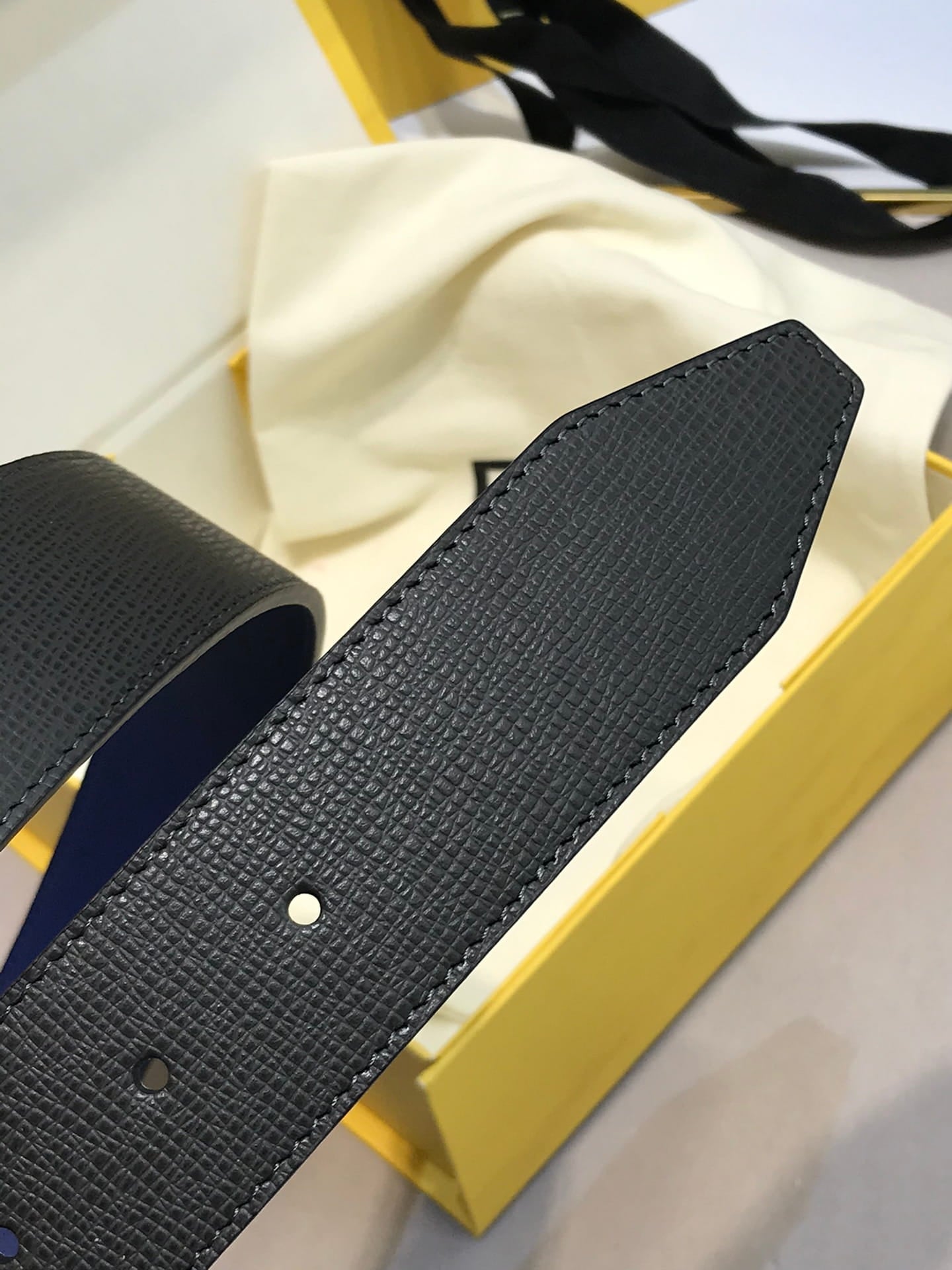Fendi Navy Blue/Black Leather FF Logo Buckle Reversible Belt 38mm
