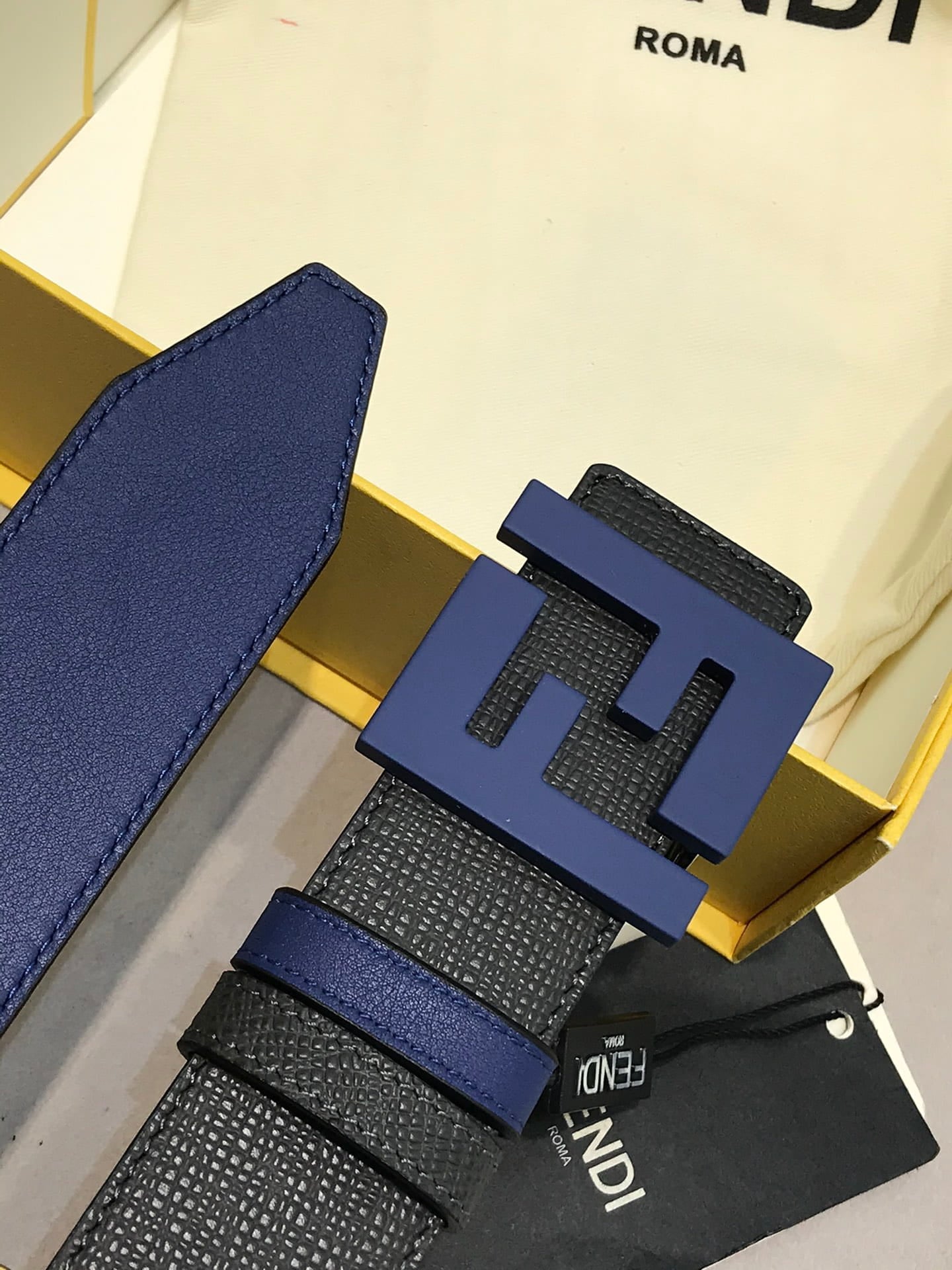 Fendi Navy Blue/Black Leather FF Logo Buckle Reversible Belt 38mm