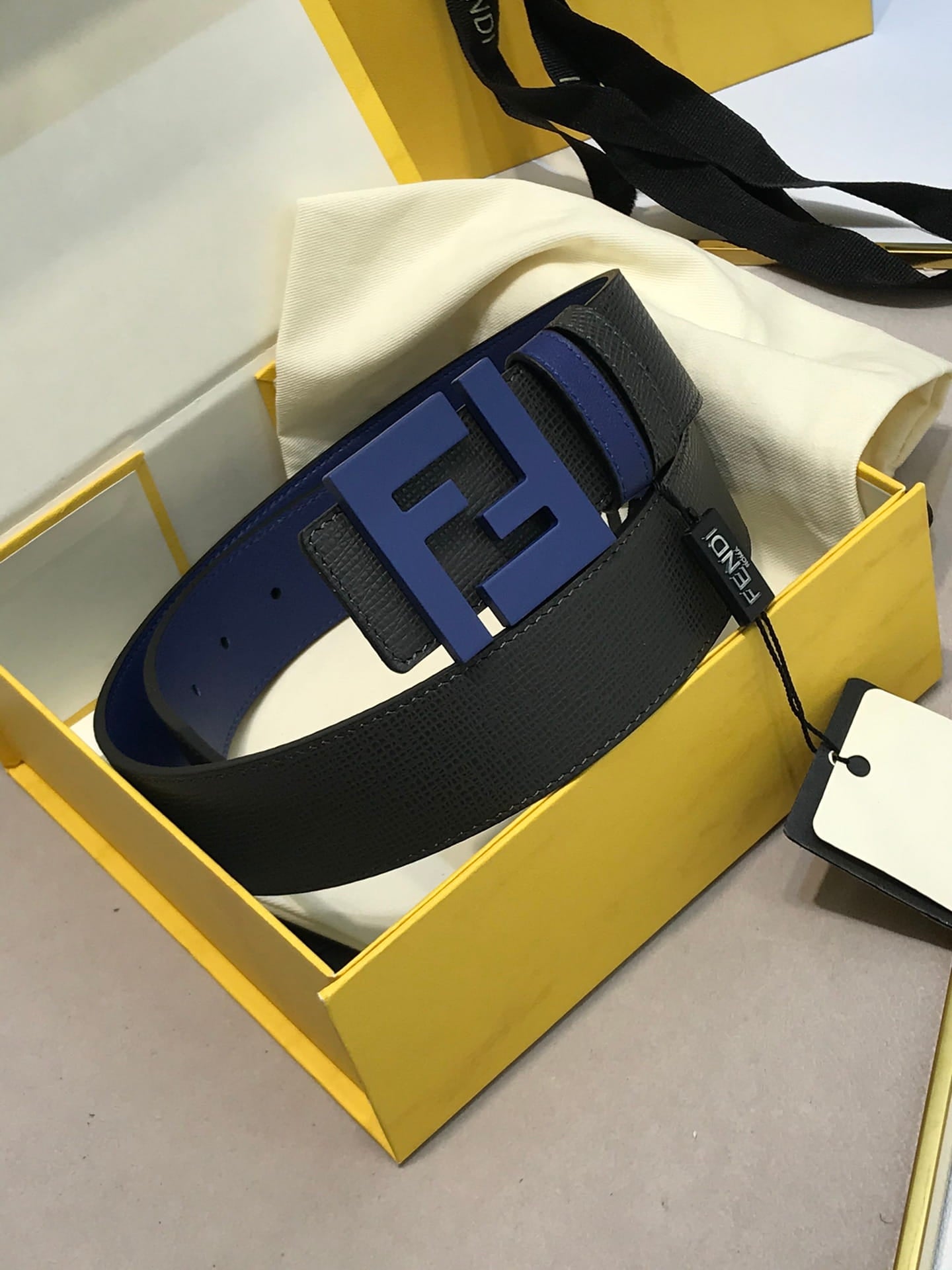 Fendi Navy Blue/Black Leather FF Logo Buckle Reversible Belt 38mm