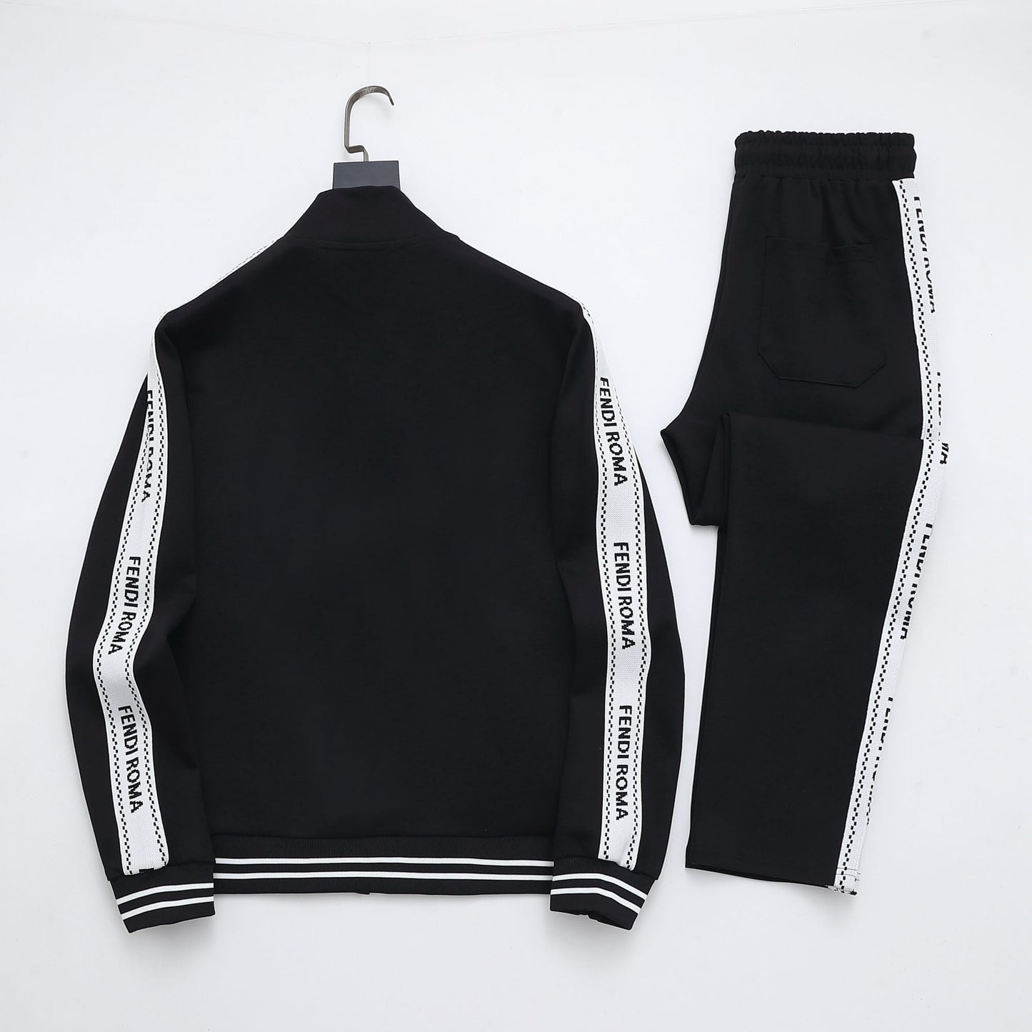 Fendi Roma Logo Striped Tracksuit Set - Black Technical Knit Zip Jacket & Pants