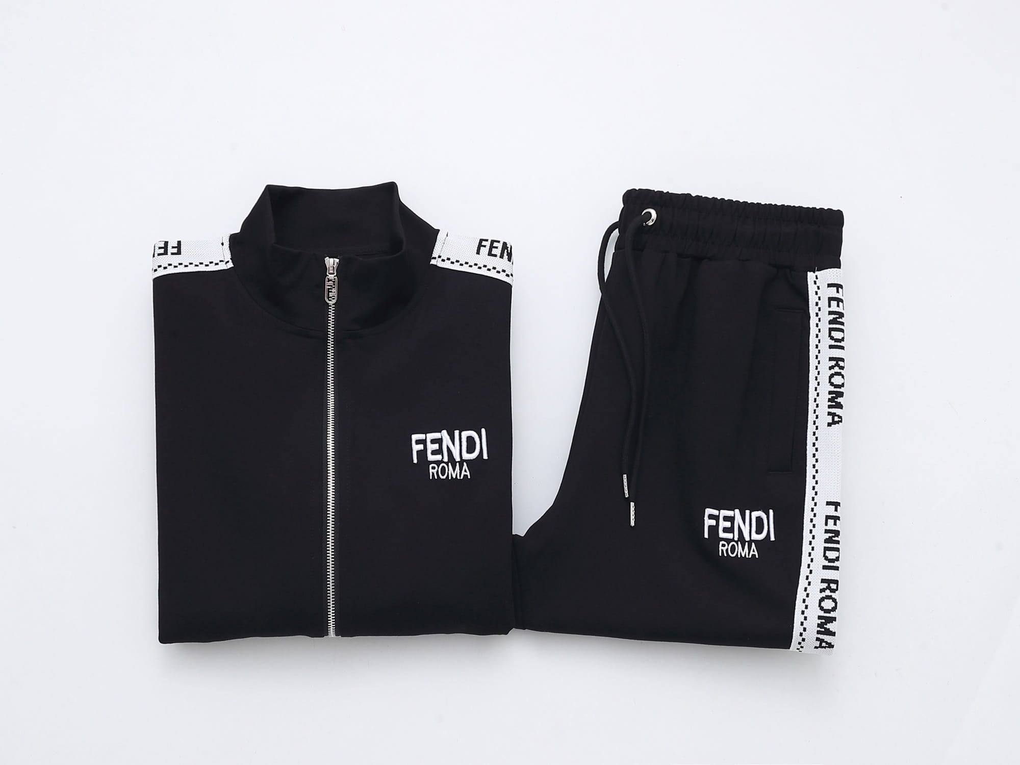 FENDI ジャージ上下 Fendi Roma Logo Striped Tracksuit Set - Black Technical Knit Zip