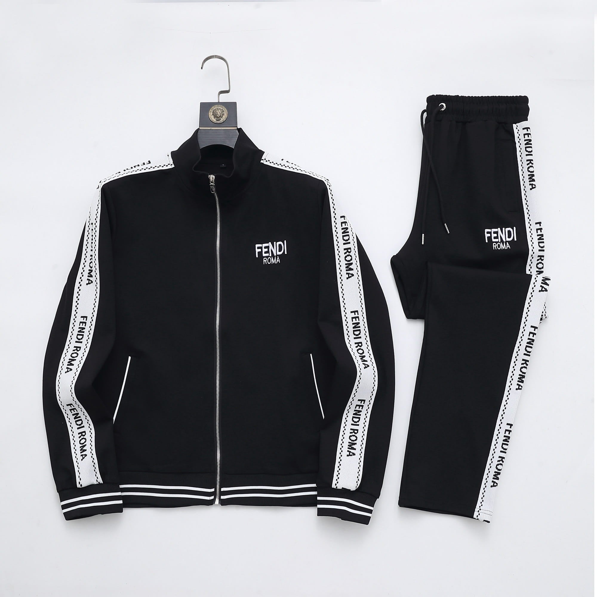 Fendi Roma Logo Striped Tracksuit Set - Black Technical Knit Zip