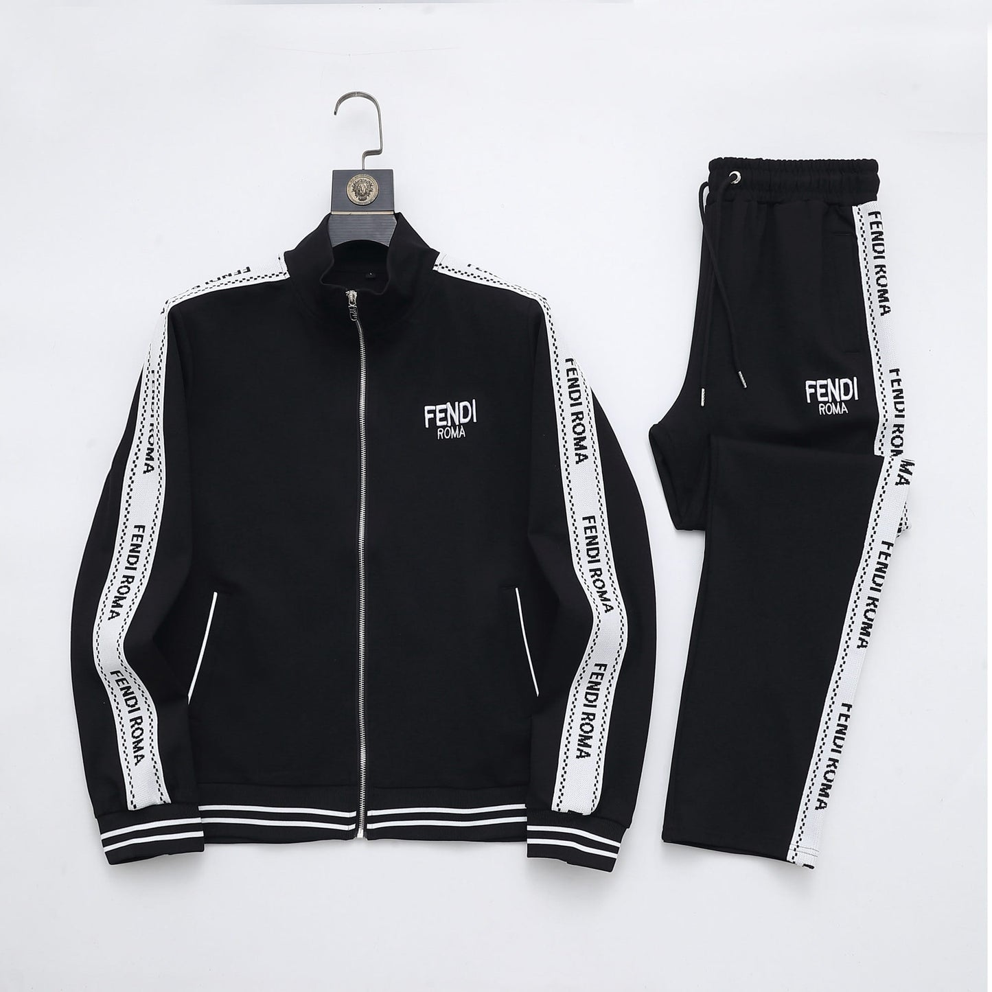 Fendi Roma Logo Striped Tracksuit Set - Black Technical Knit Zip Jacket & Pants
