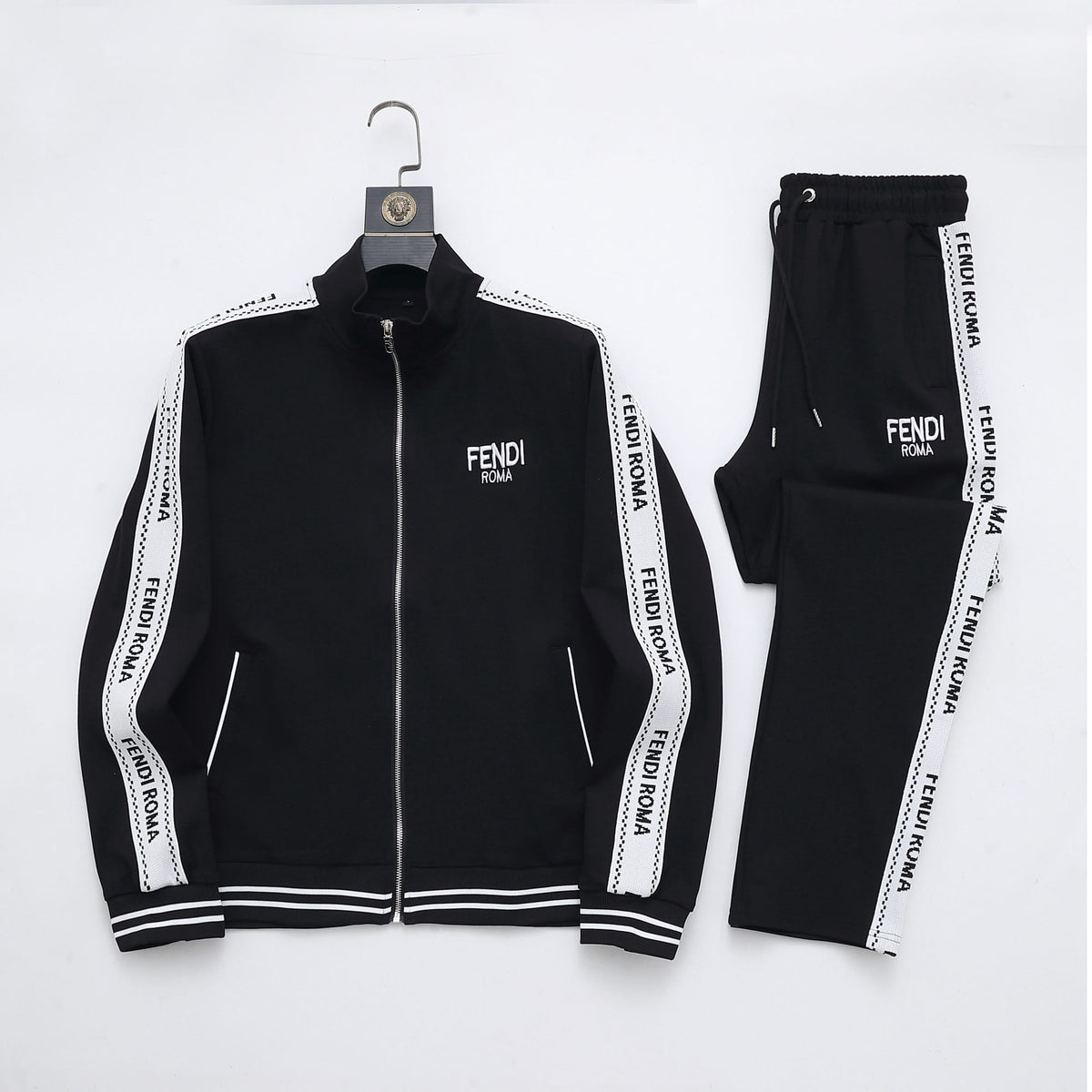 Fendi Roma Logo Striped Tracksuit Set - Black Technical Knit Zip 