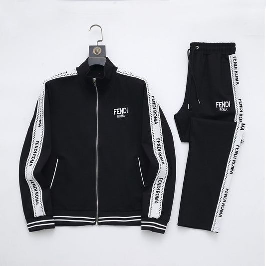 Fendi Roma Logo Striped Tracksuit Set - Black Technical Knit Zip Jacket & Pants