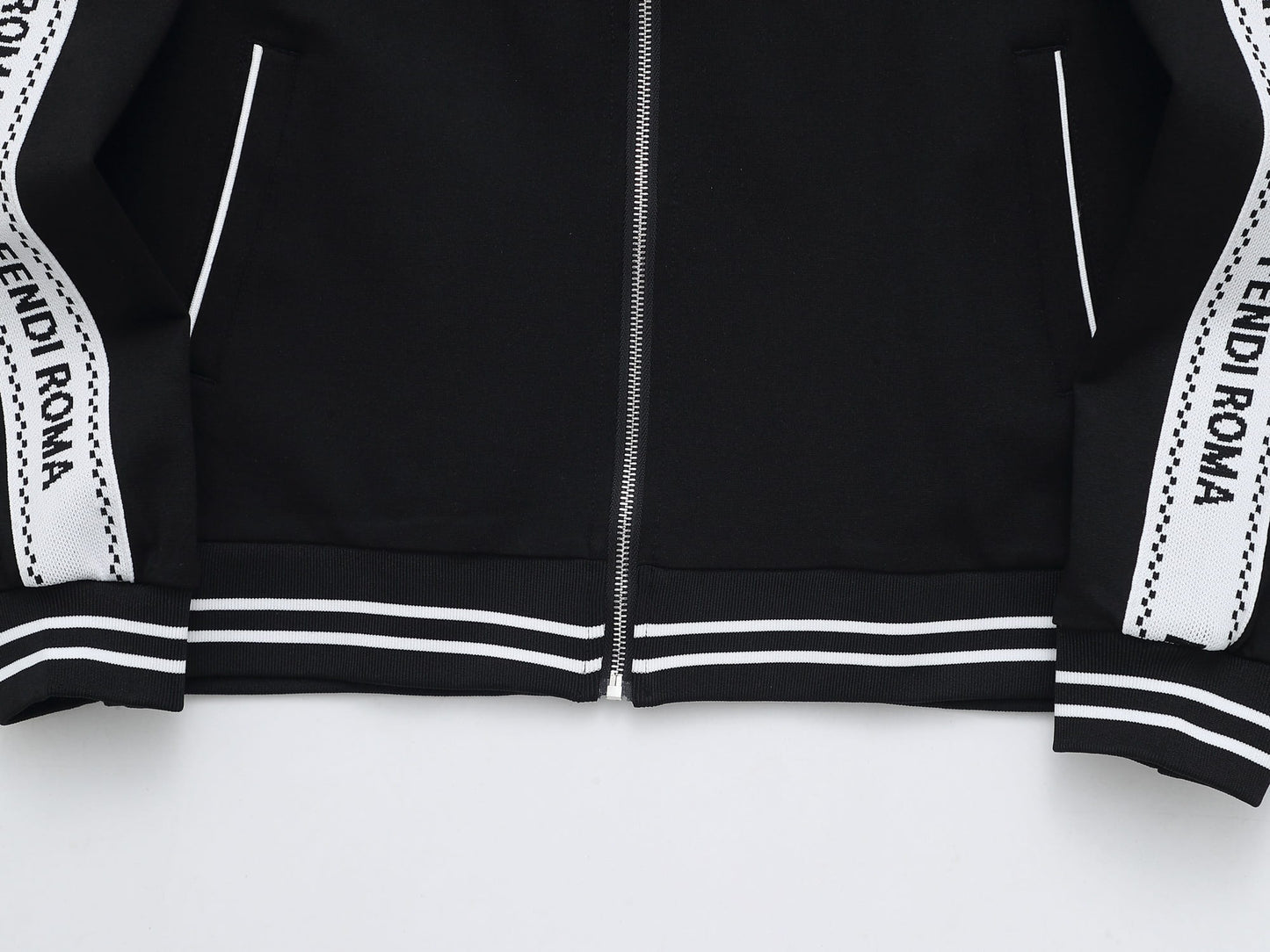 Fendi Roma Logo Striped Tracksuit Set - Black Technical Knit Zip Jacket & Pants