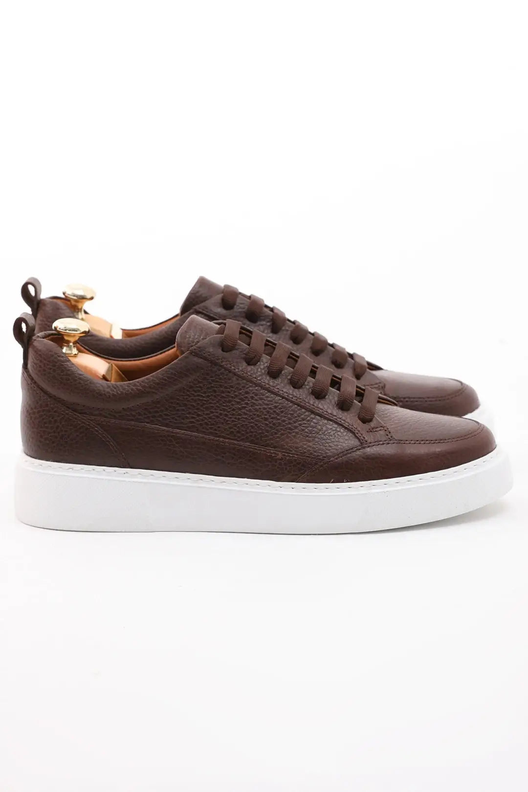 Flora Luxe Brown Leather Sneakers - Elegant Men's Footwear – side view of pair, highlighting premium floater leather, contrasting white sole, and a sleek silhouette.