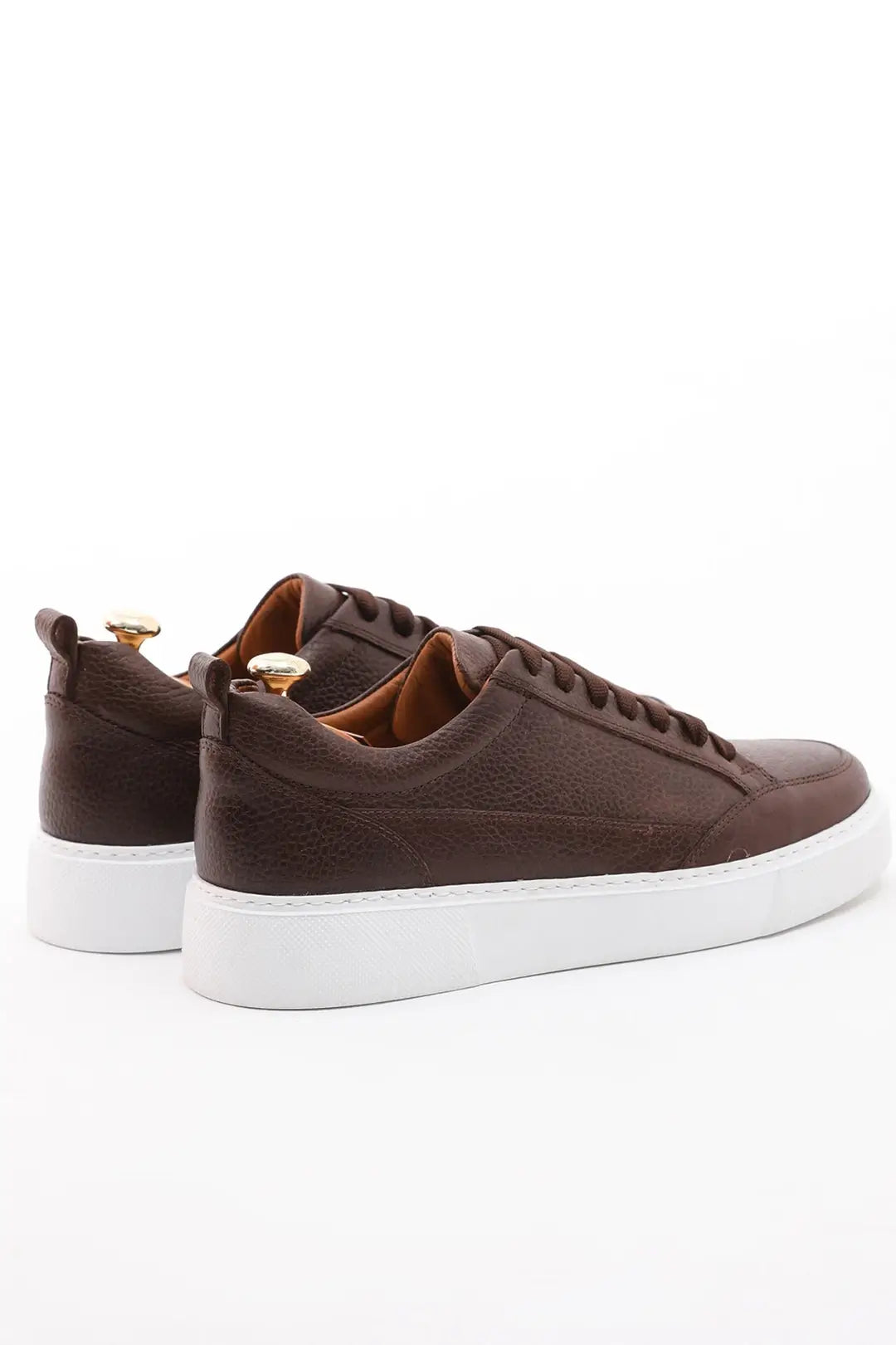 Flora Luxe Brown Leather Sneakers - Elegant Men's Footwear – pair on white background, showcasing premium floater leather and a supportive white sole.