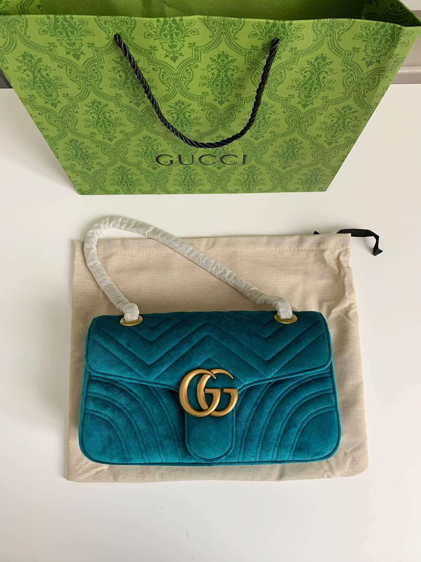 Gucci GG Marmont Small Velvet Shoulder Bag Petrol