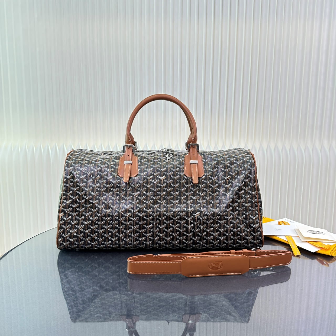 Goyard Black & Tan Goyardine Coated Canvas and Leather Boston 50 Bag