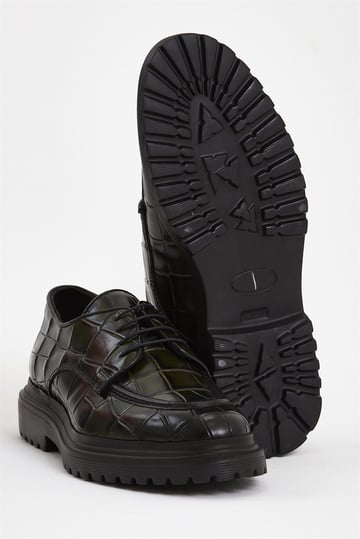 Green Croco Patterned Derby Shoes – one upright, one showing textured black EVA sole for durability and comfort on any surface.