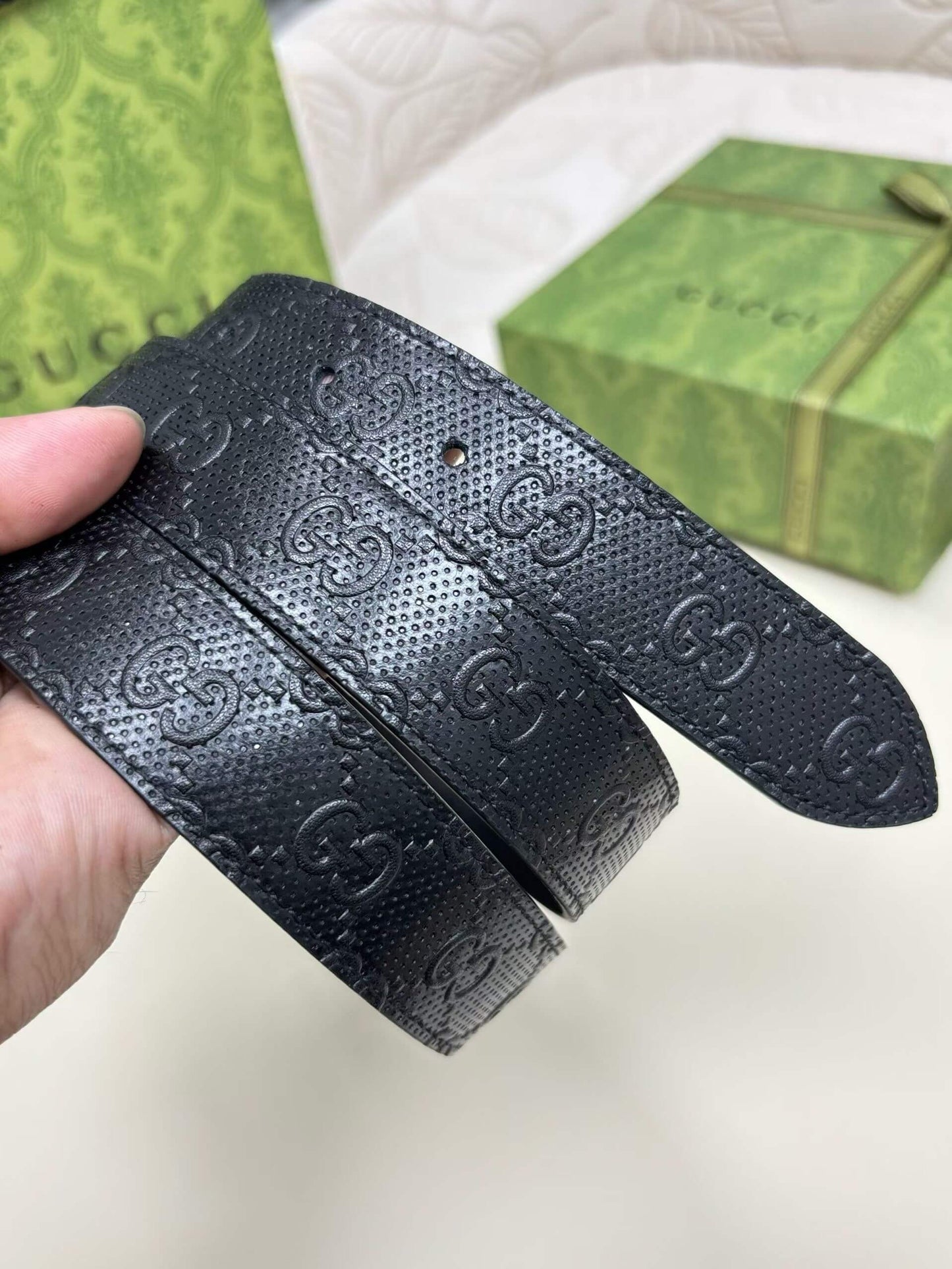 Gucci GG Marmont Thin Belt - Black Perforated GG Embossed Leather