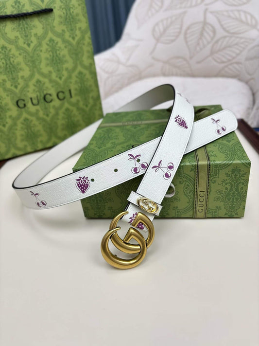 Gucci GG Marmont Thin Belt - White Leather with Strawberry & Cherry Print