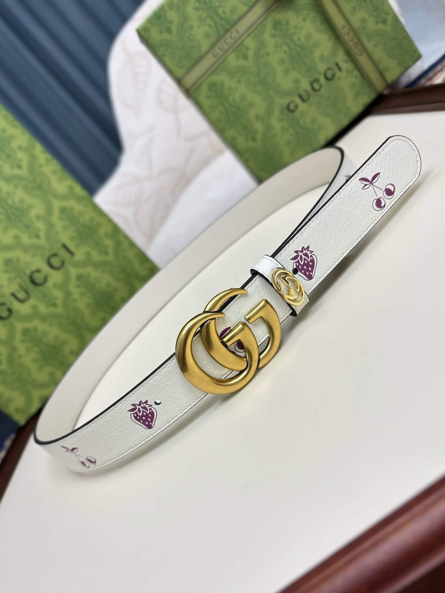 Gucci GG Marmont Thin Belt - White Leather with Strawberry & Cherry Print