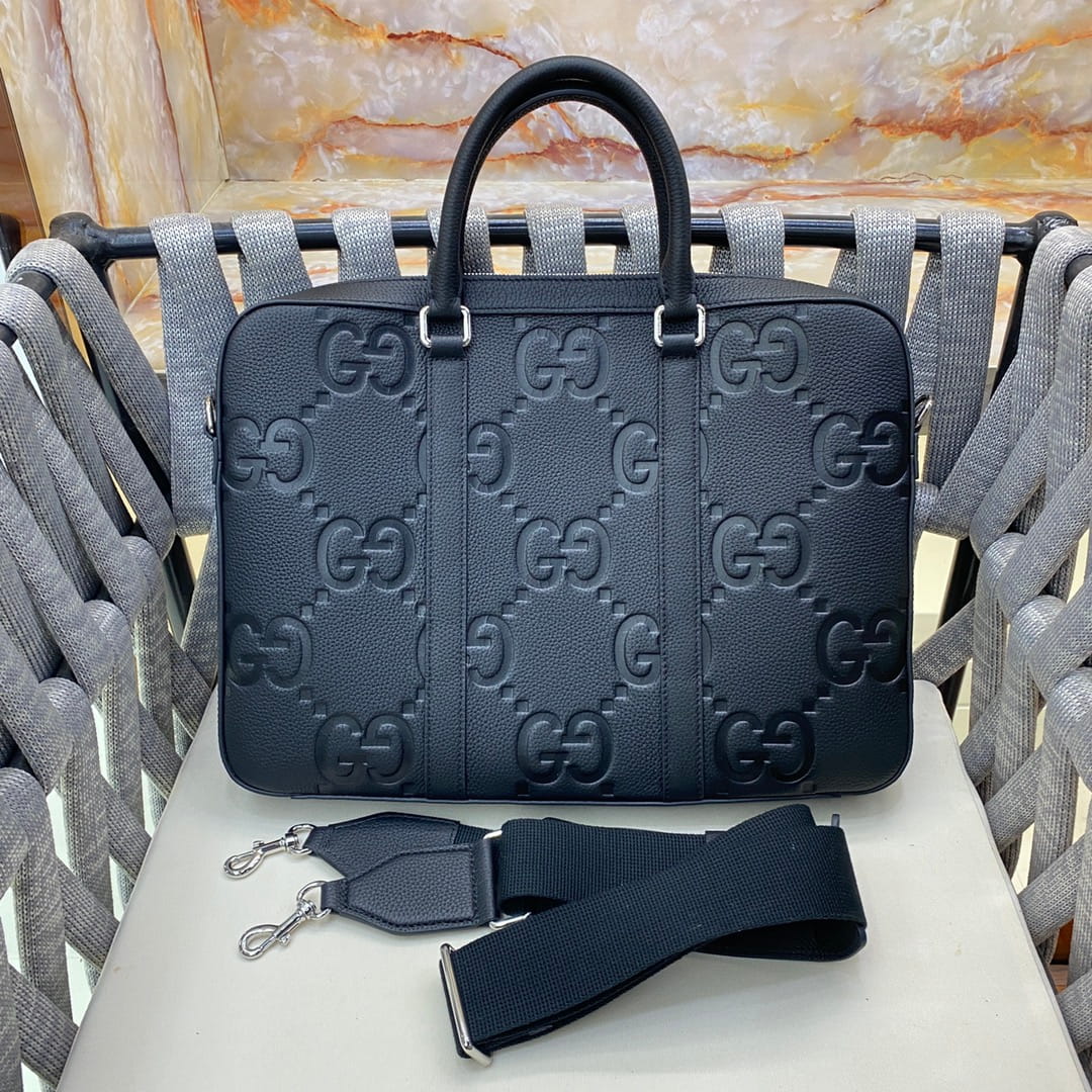 Gucci Jumbo GG Briefcase - Black Embossed Leather Business Bag