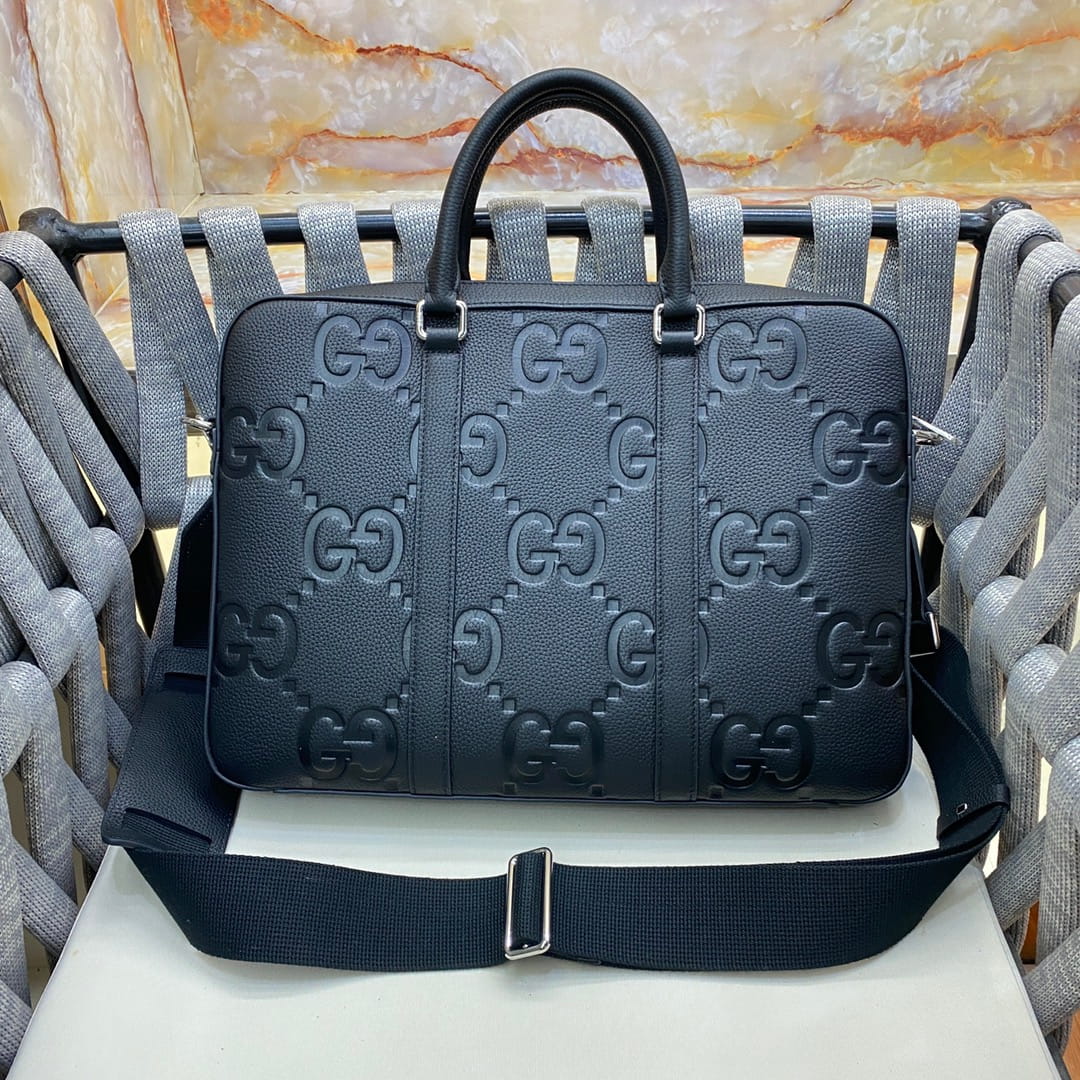 Gucci Jumbo GG Briefcase - Black Embossed Leather Business Bag