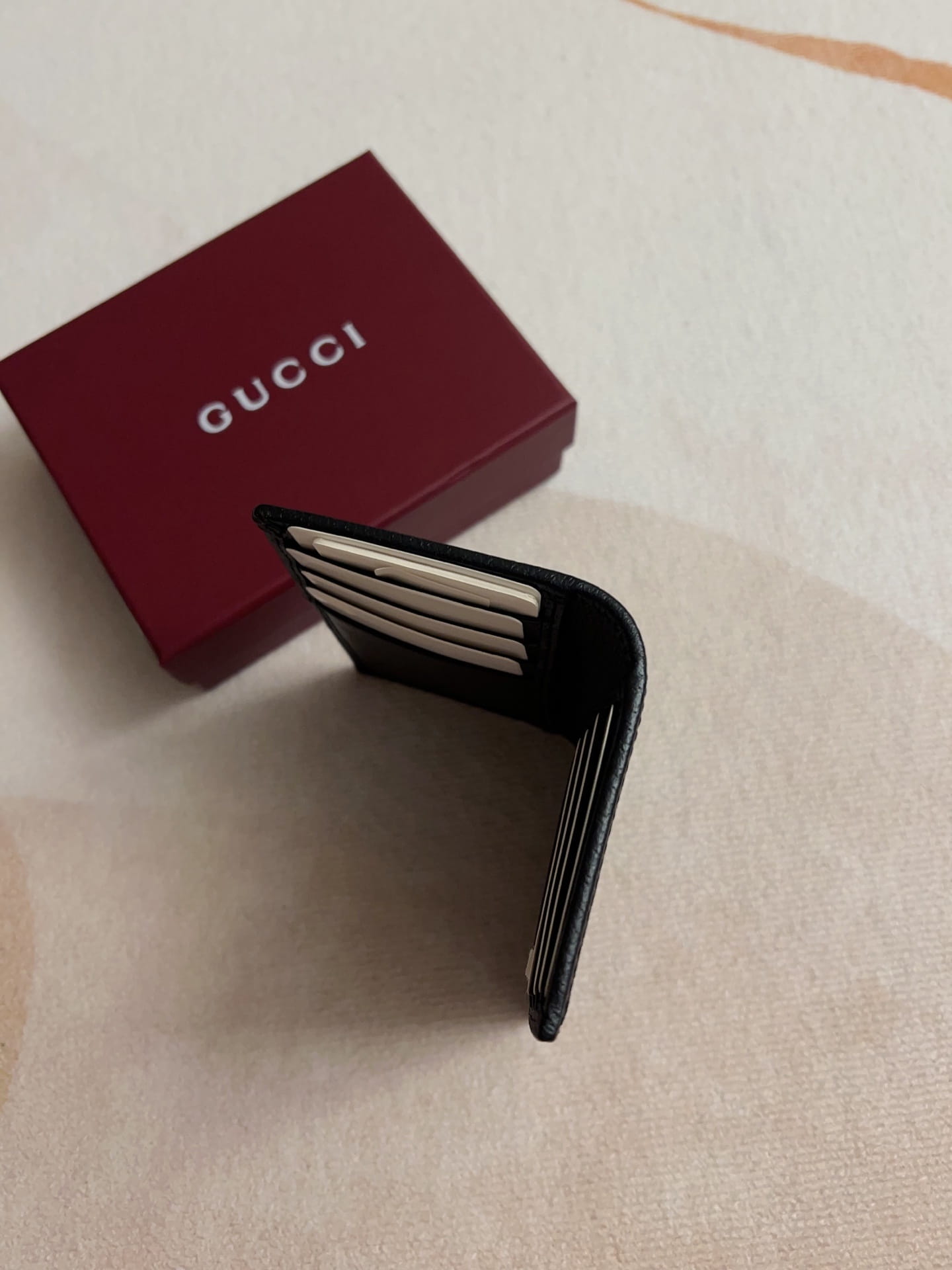 Gucci Men's Ophidia Black Leather Card Case Wallet with Web Stripe - Silver Double G
