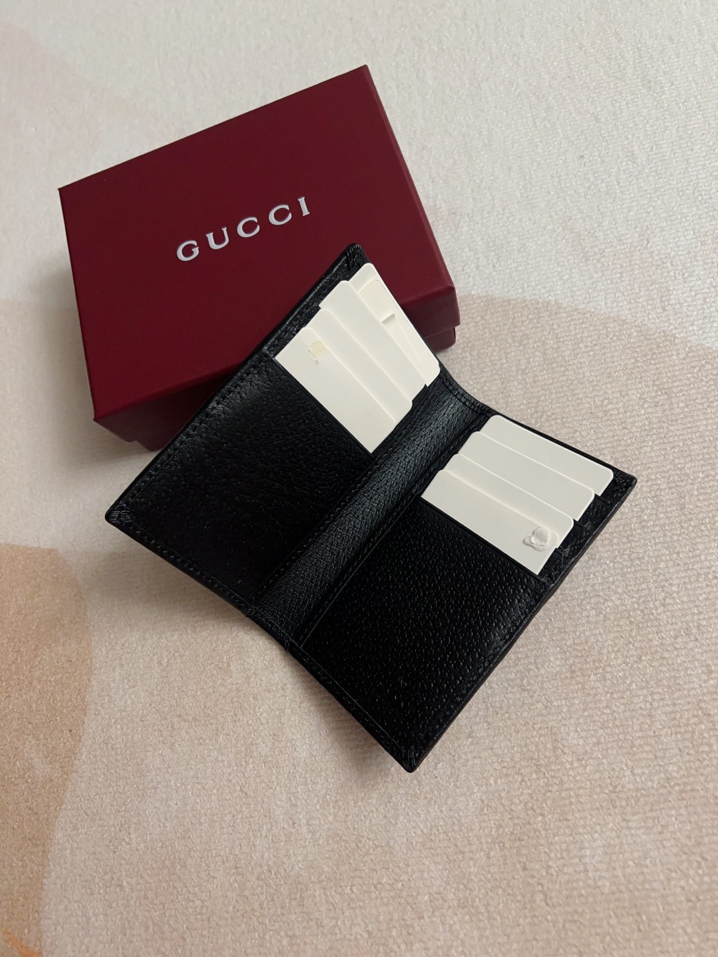 Gucci Men's Ophidia Black Leather Card Case Wallet with Web Stripe - Silver Double G